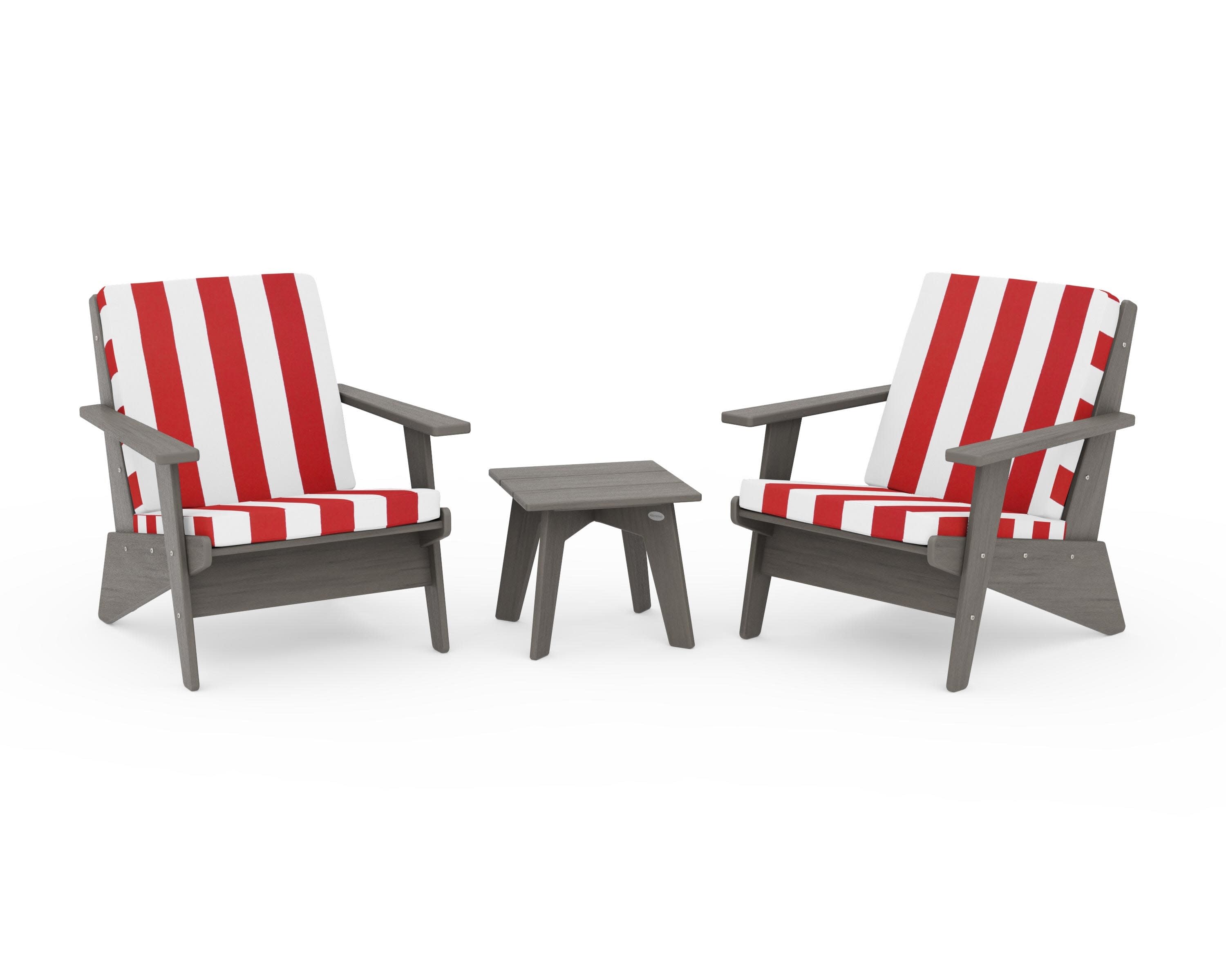 Riviera Modern Lounge 3-Piece Set in Driftwood / Cabana Stripe Crimson