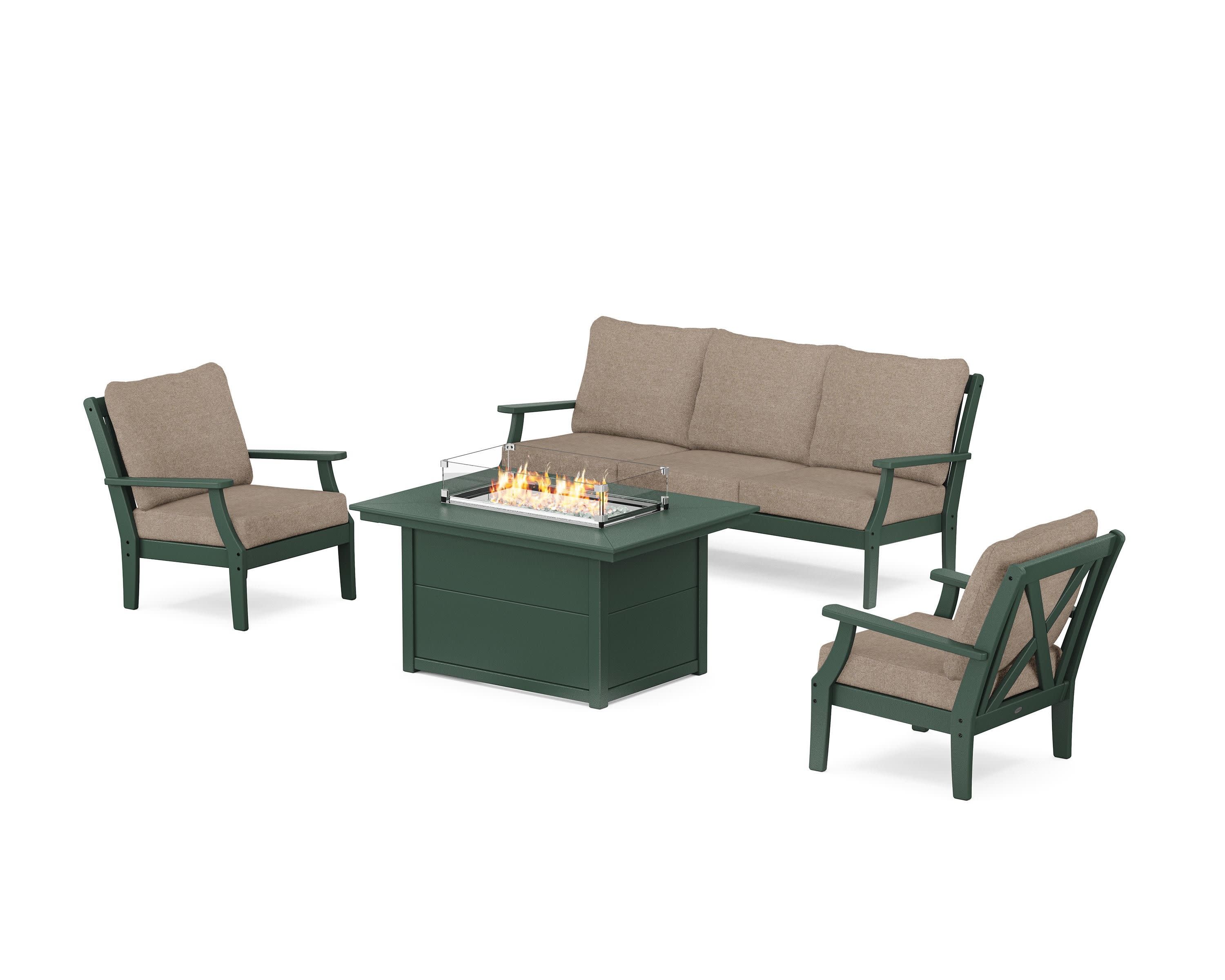 Braxton Deep Seating Fire Pit Table Set in Green / Spiced Burlap