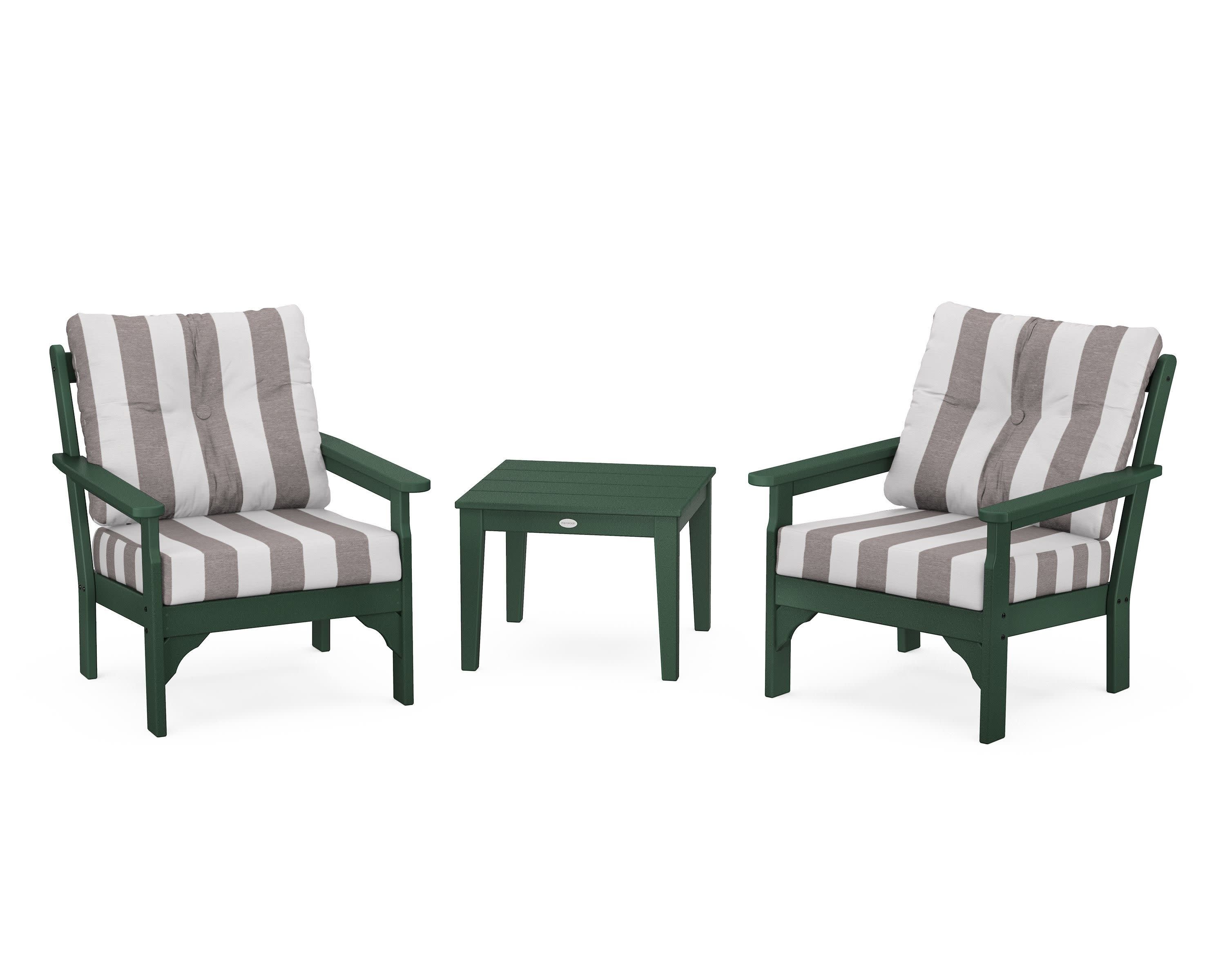 Vineyard 3-Piece Deep Seating Set in Green / Cabana Stripe Grey Mist