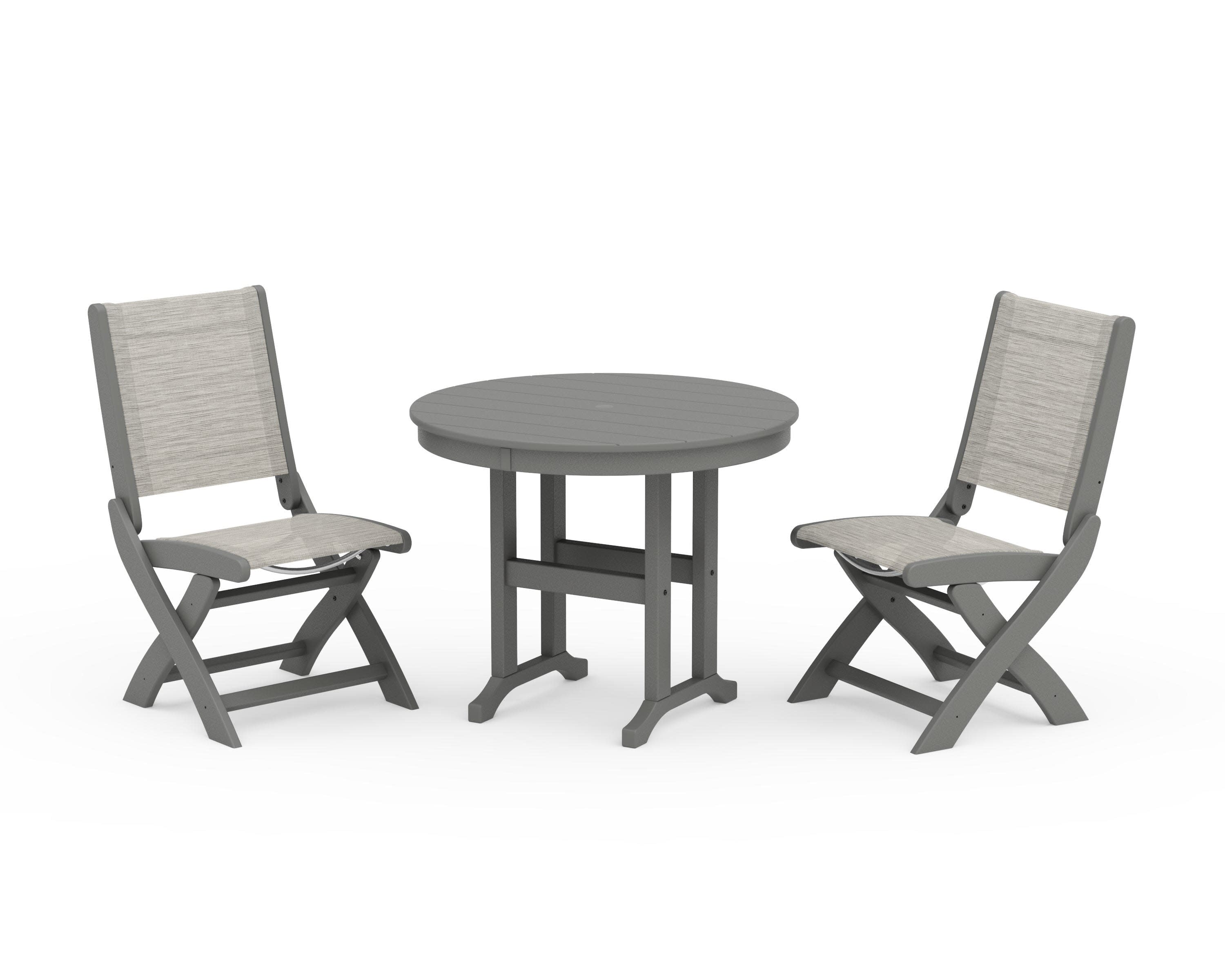 Coastal Folding Side Chair 3-Piece Round Dining Set in Slate Grey / Birch Sling