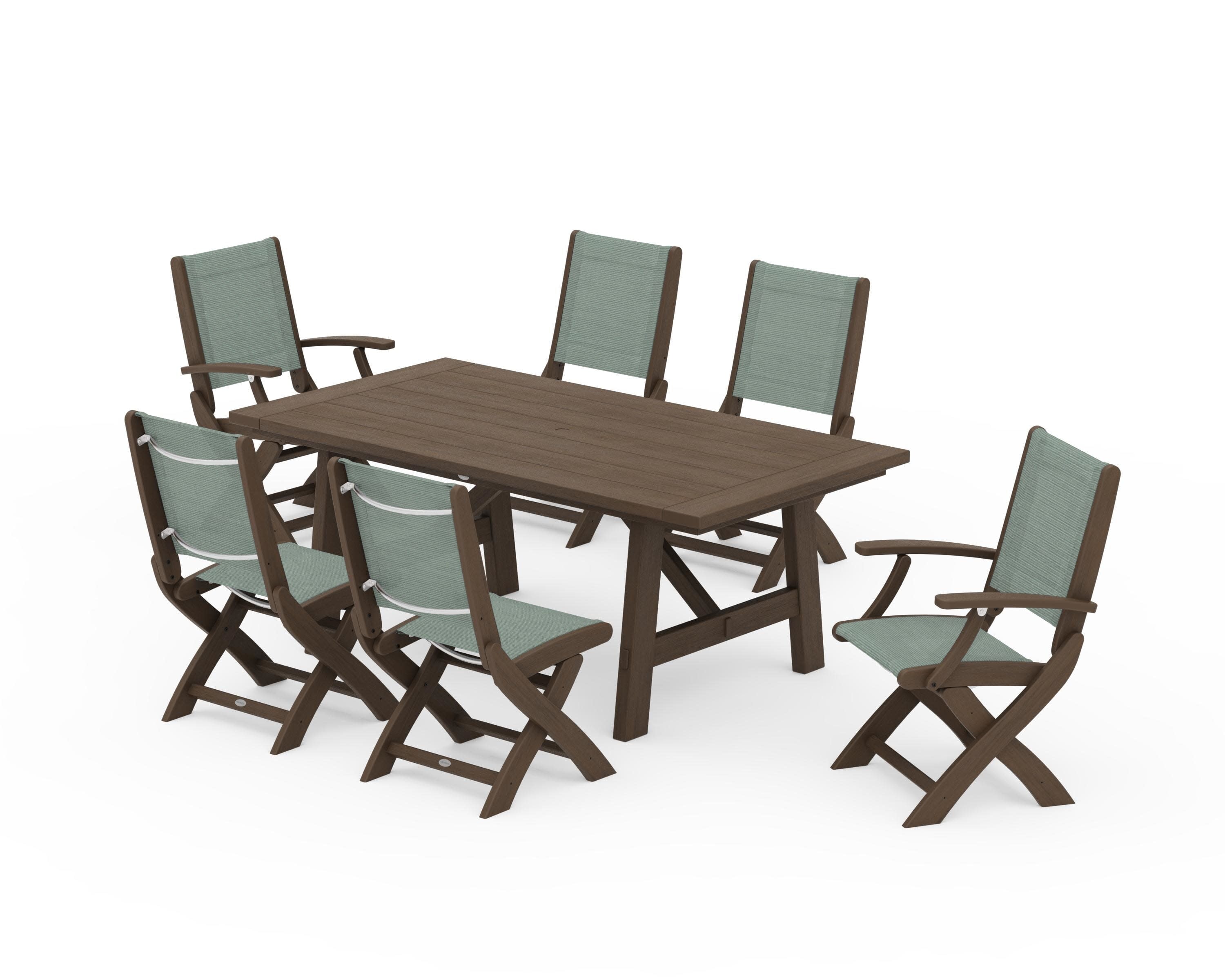 Coastal Folding Chair 7-Piece Rustic Farmhouse Dining Set in Kona / Dupioni Sea Mist Sling