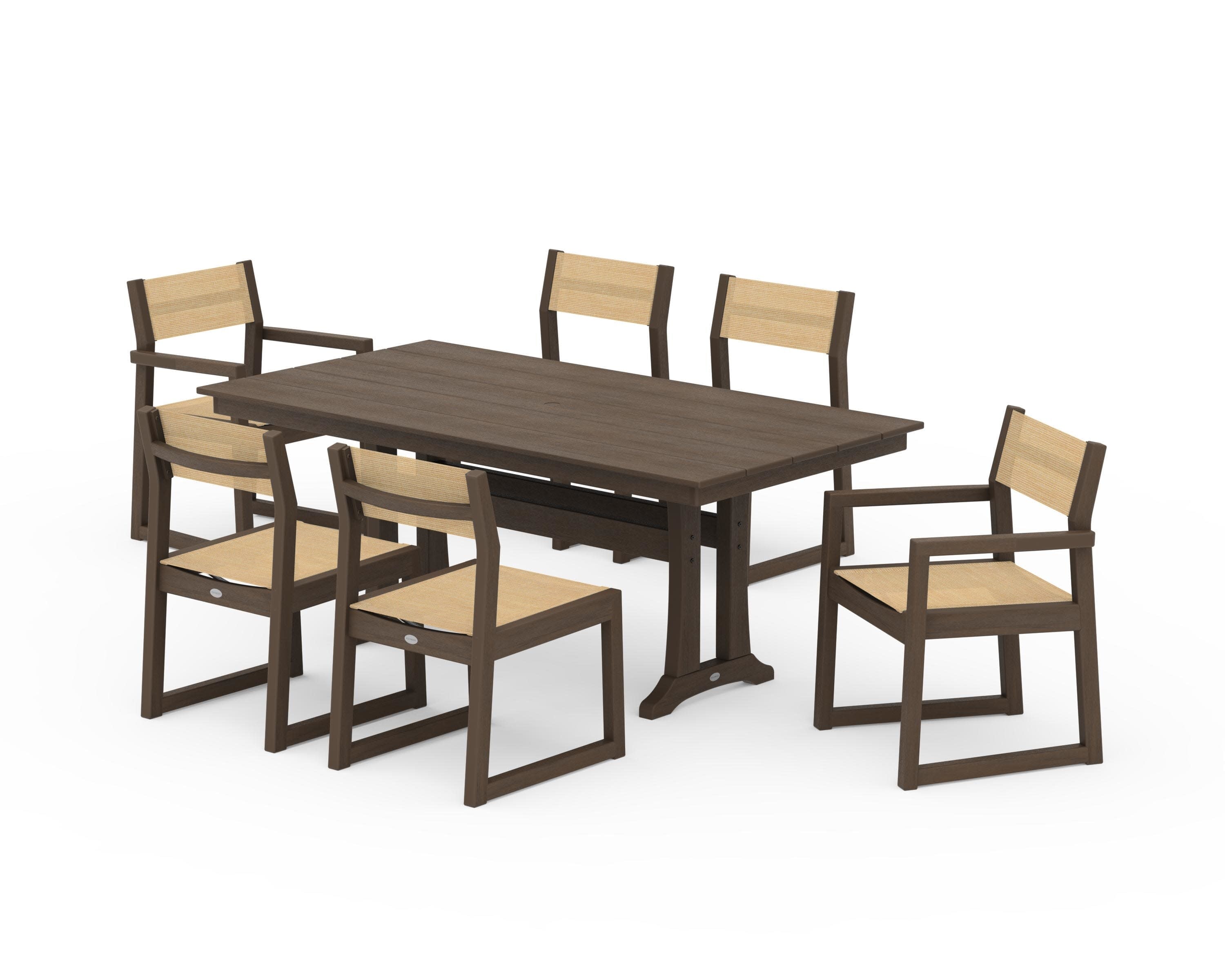 EDGE Sling 7-Piece Farmhouse Trestle Dining Set in Kona / Dupioni Apricot Sling