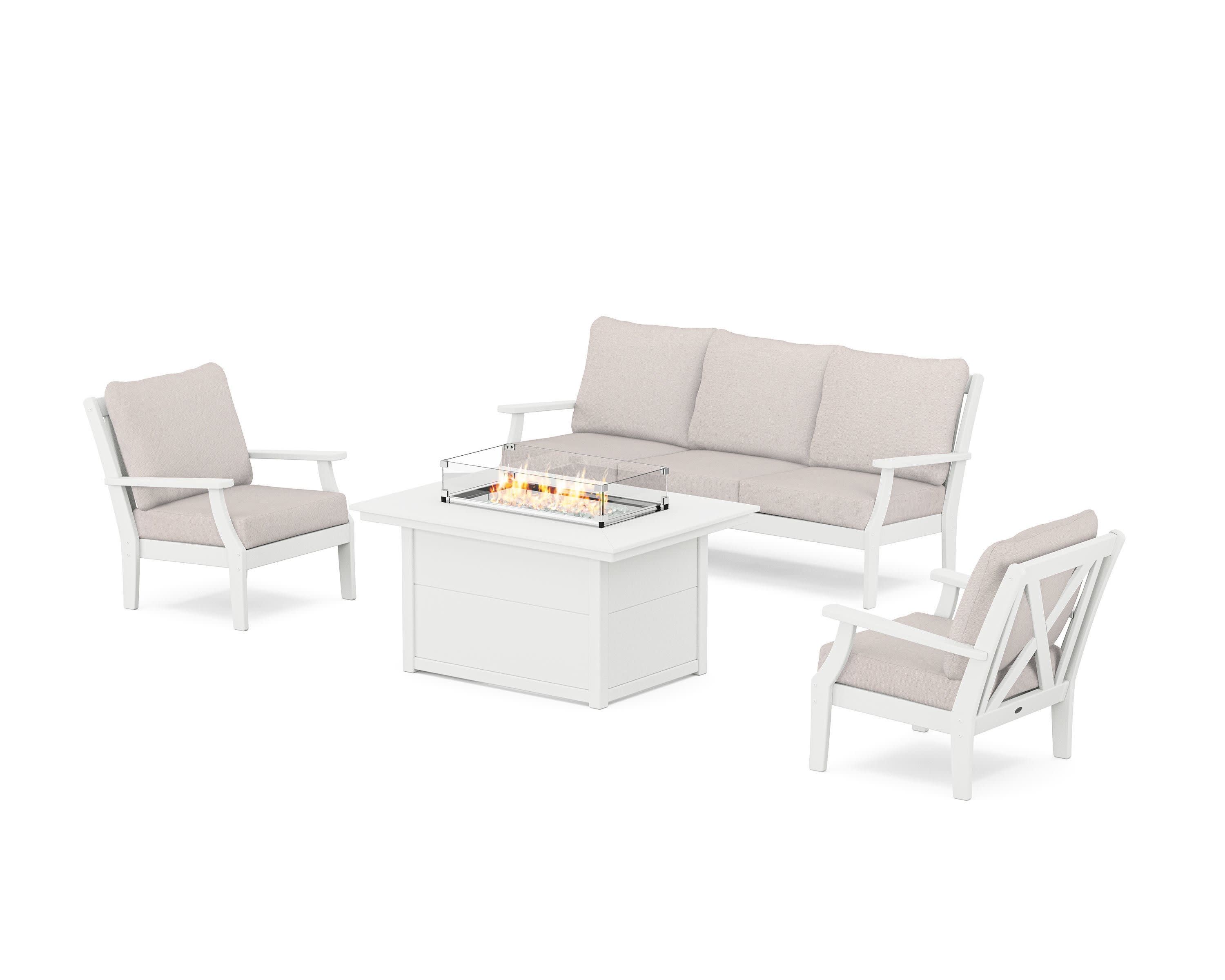 Braxton Deep Seating Fire Pit Table Set in White / Dune Burlap
