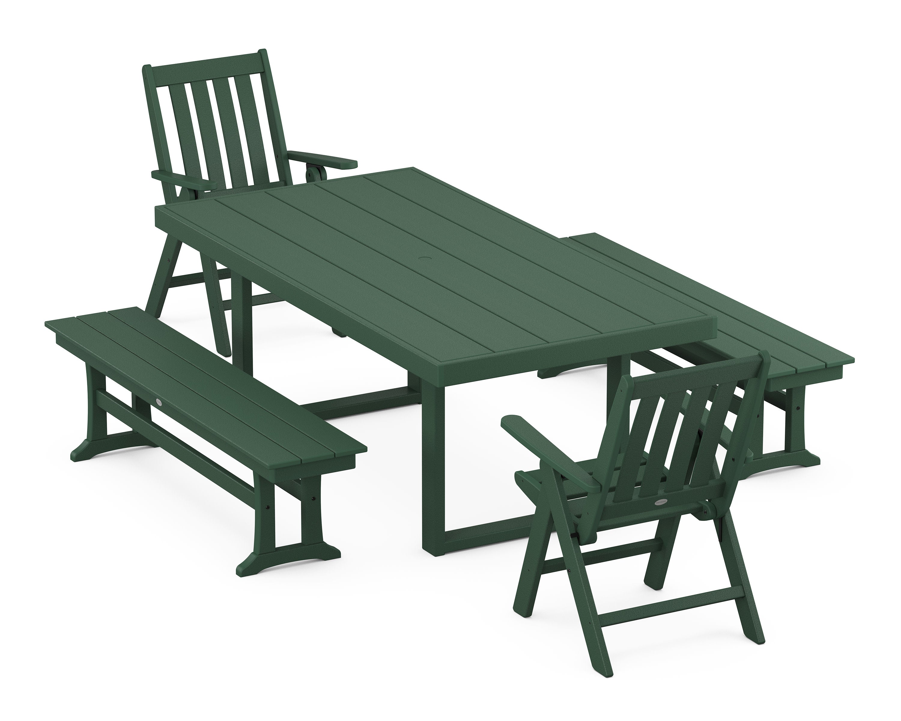 Vineyard Folding Chair 5-Piece Dining Set with Benches in Green