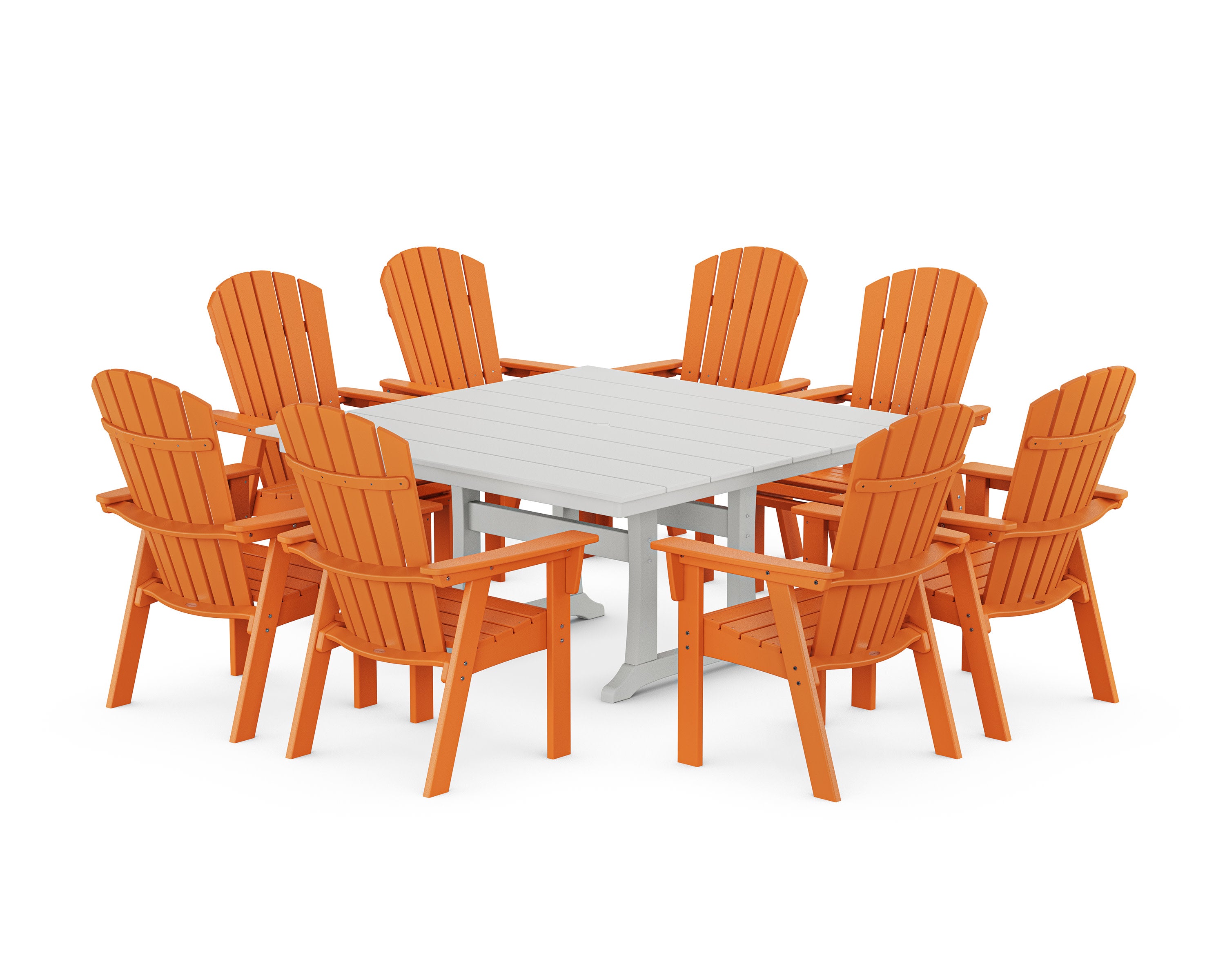 Nautical Curveback Adirondack 9-Piece Square Dining Set with Trestle Legs in Tangerine / White