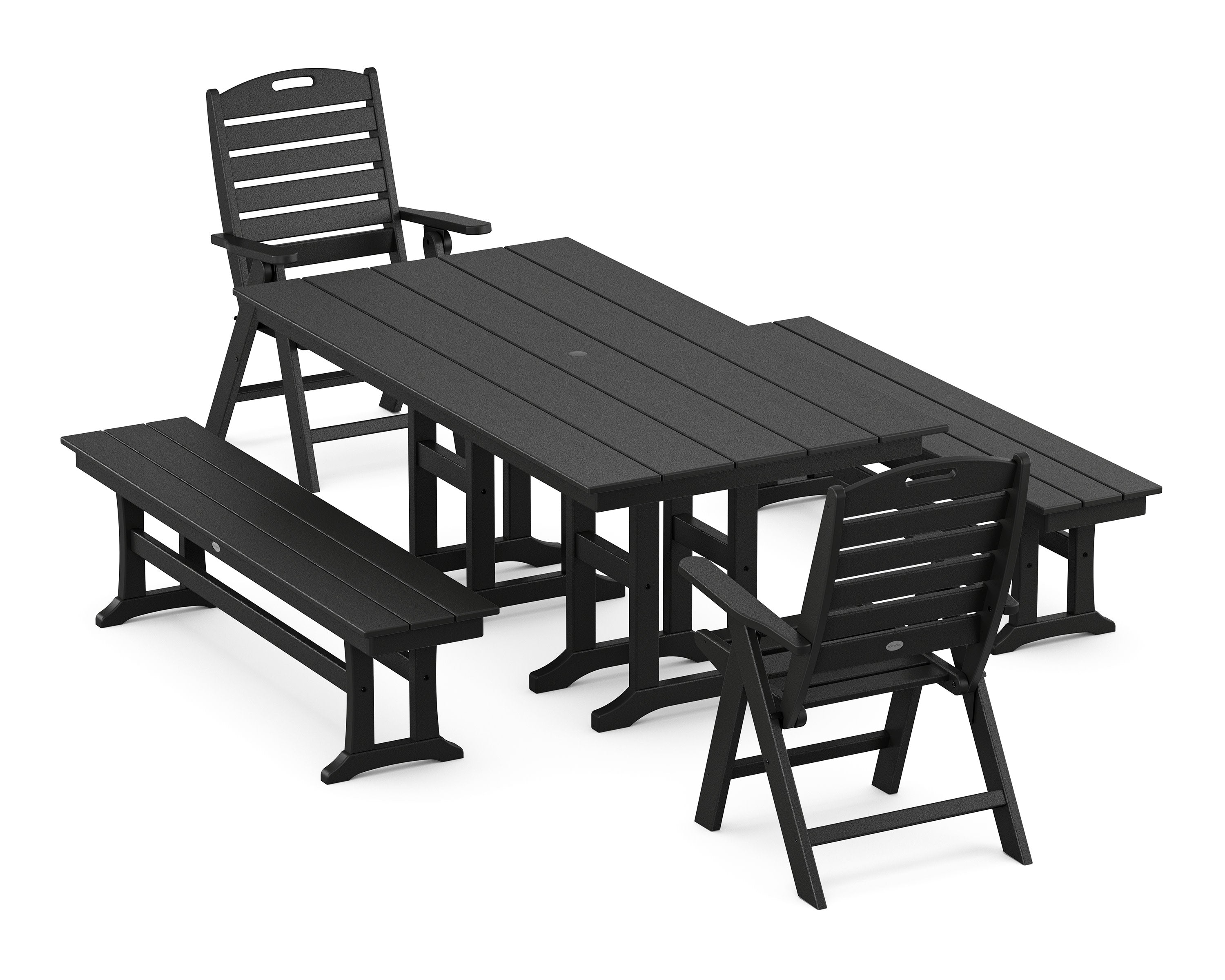 Nautical Highback 5-Piece Farmhouse Dining Set with Benches in Black