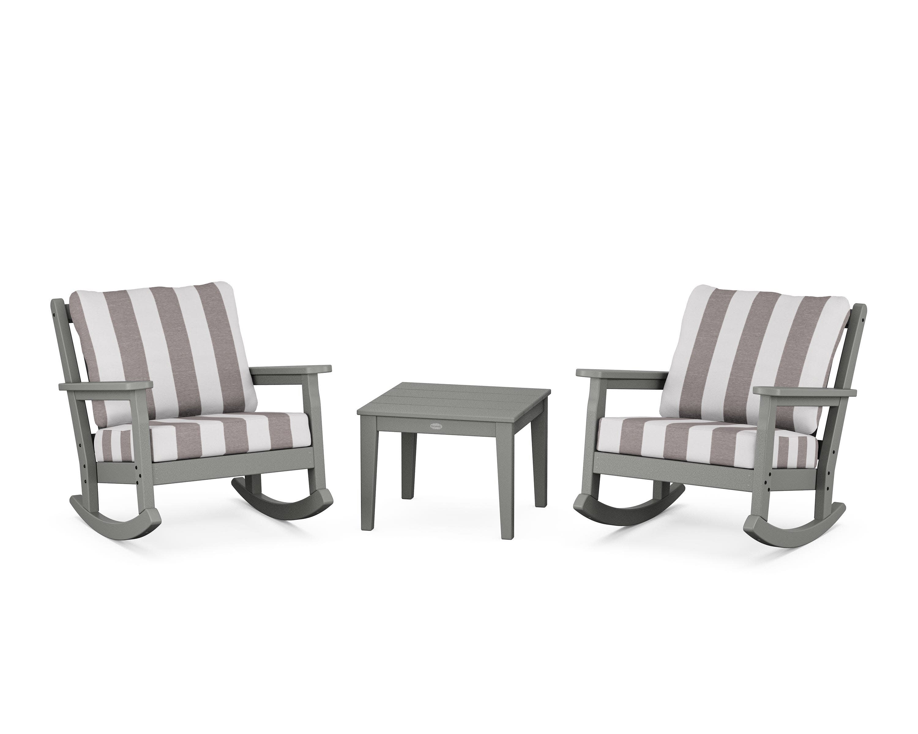 Chippendale 3-Piece Deep Seating Rocker Set in Slate Grey / Cabana Stripe Grey Mist