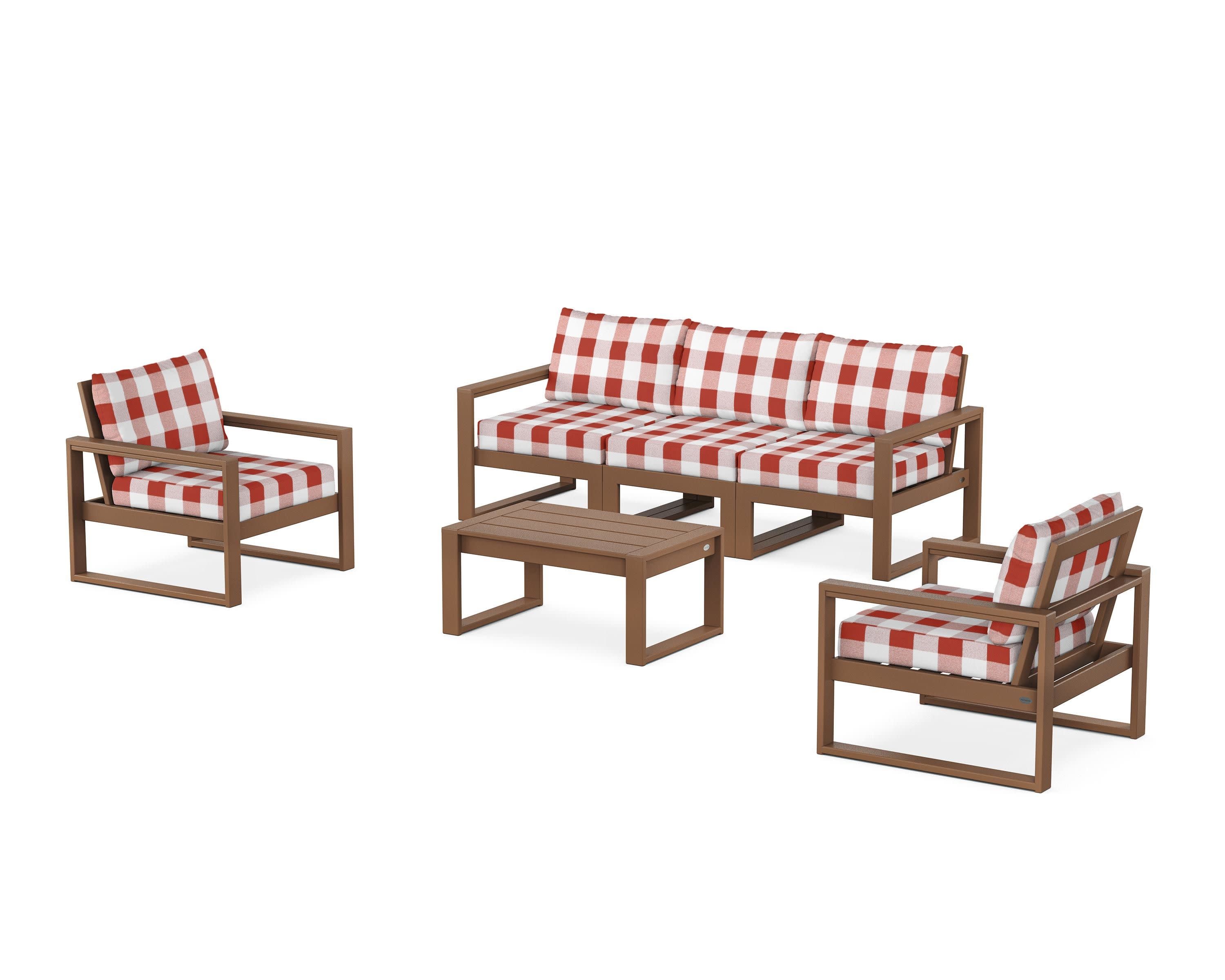 EDGE Sectional 4-Piece Deep Seating Set with Sofa in Teak / Buffalo Plaid Crimson