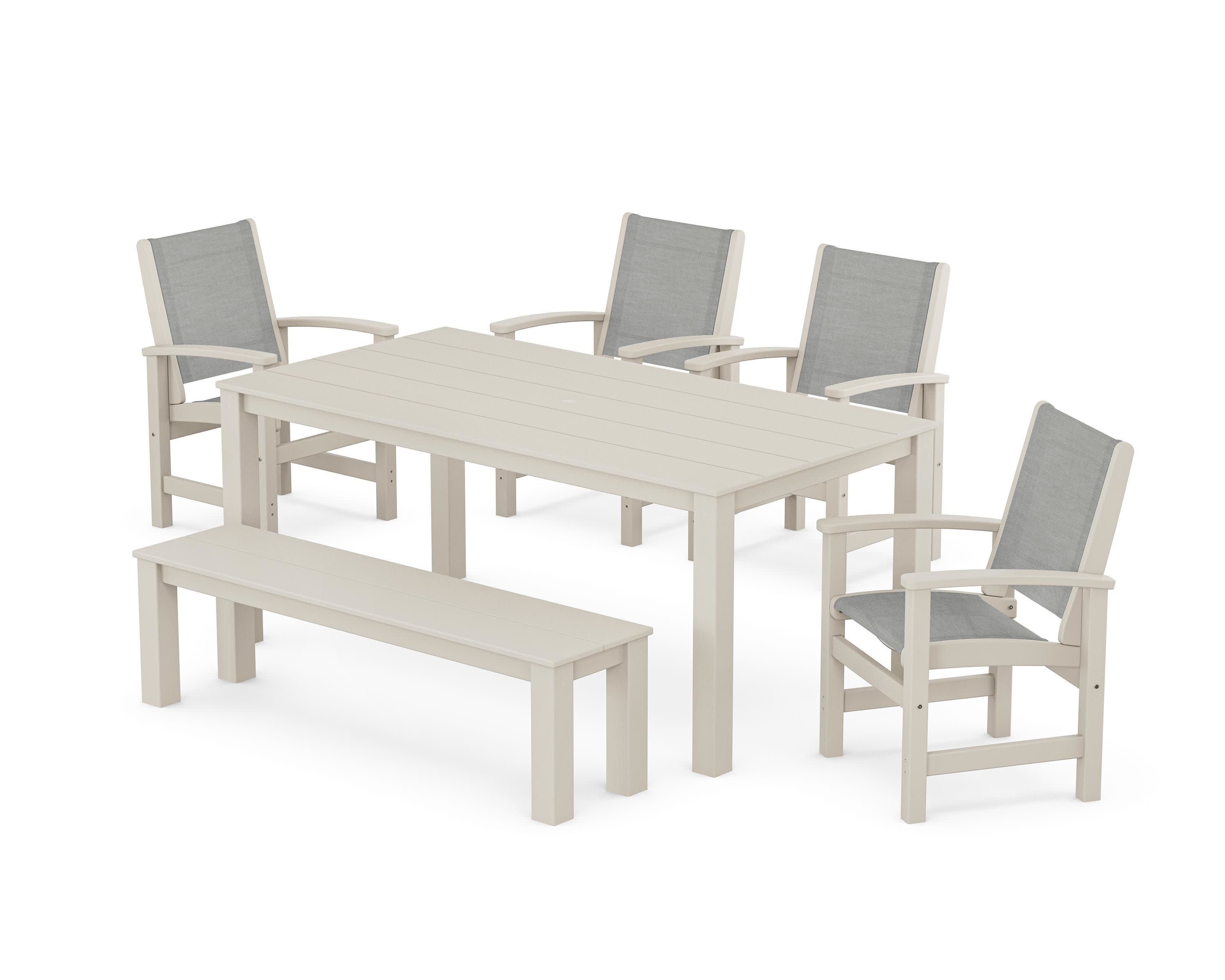 Coastal 6-Piece Parsons Dining Set with Bench in Sand / Metallic Sling