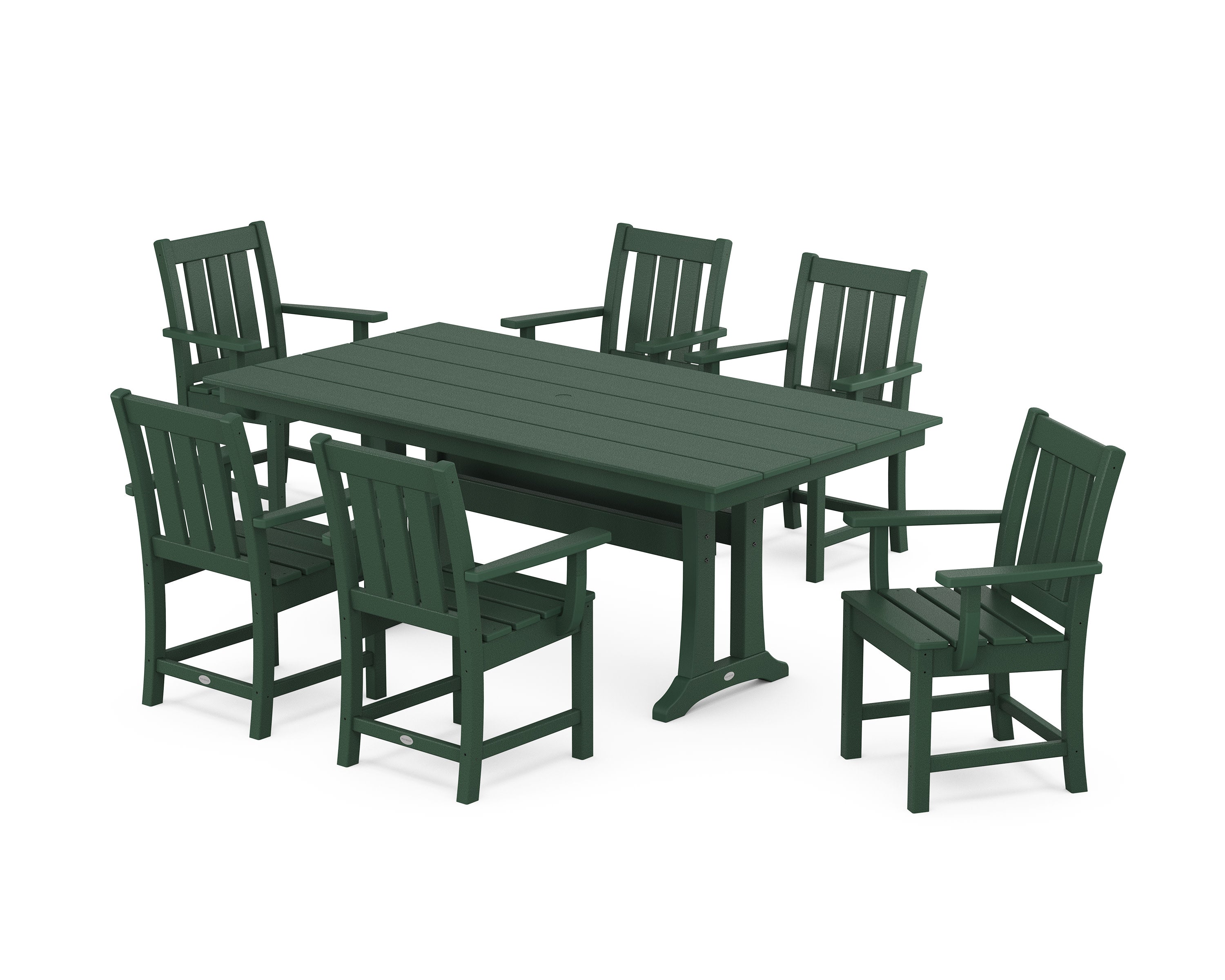 Oxford Arm Chair 7-Piece Farmhouse Dining Set with Trestle Legs in Green