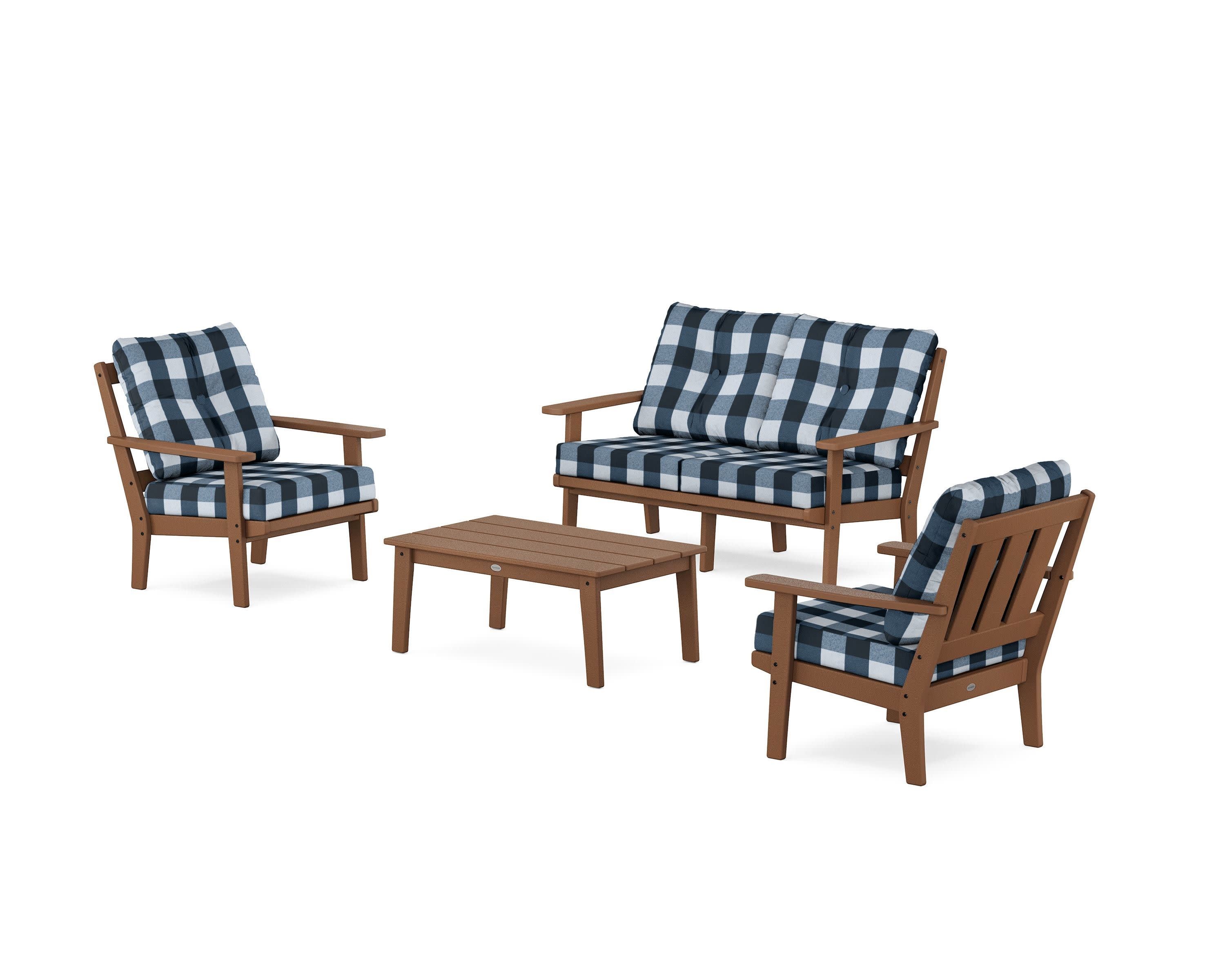 Oxford 4-Piece Deep Seating Set with Loveseat in Teak / Buffalo Plaid Marine Indigo