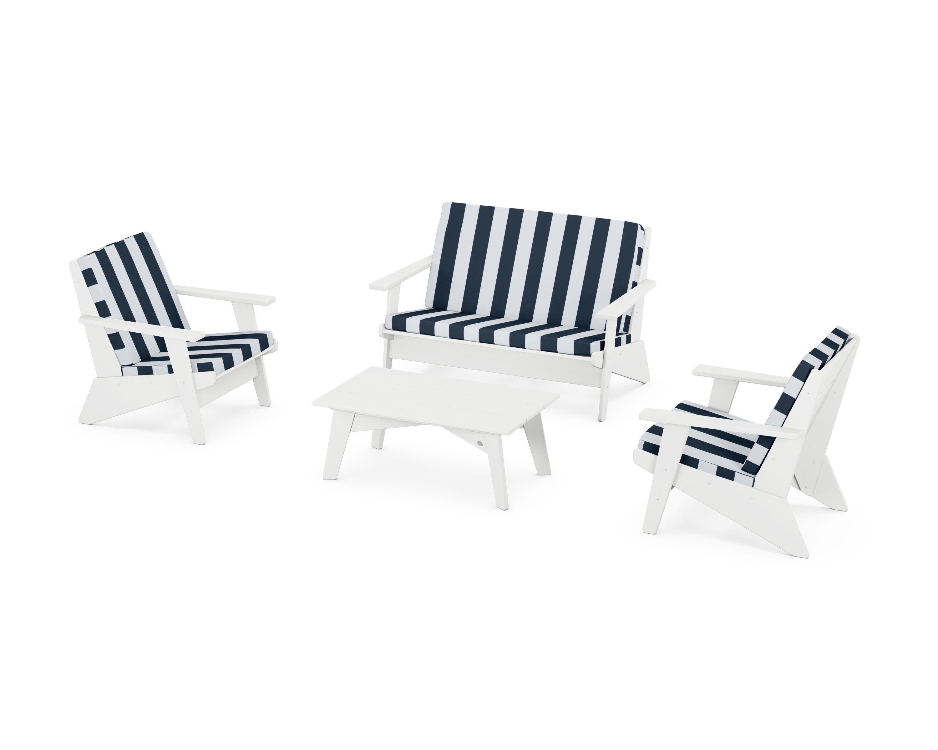 Riviera Modern Lounge 4-Piece Set in White / Cabana Stripe Marine Indigo