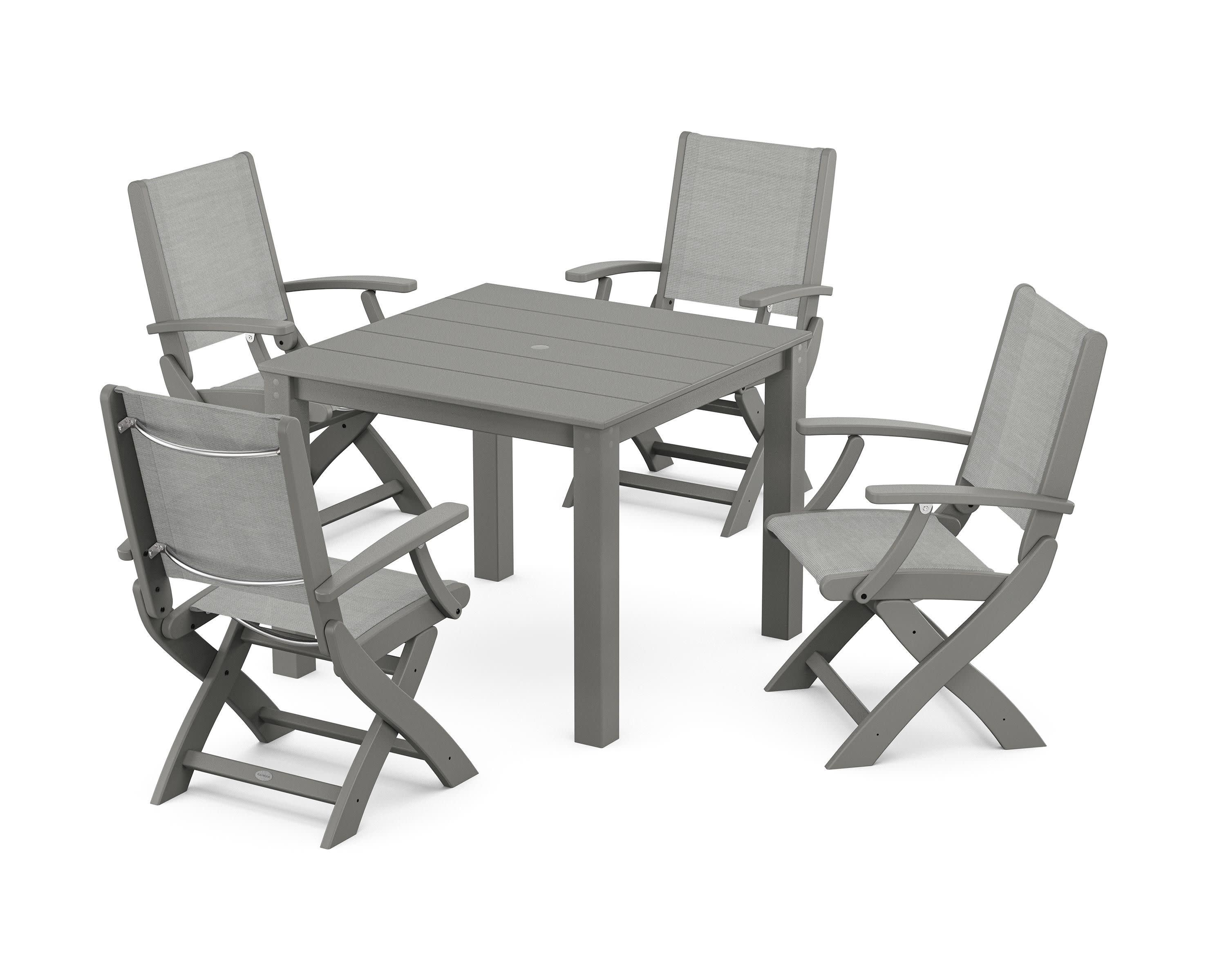 Coastal Folding Chair 5-Piece Parsons Dining Set in Slate Grey / Metallic Sling
