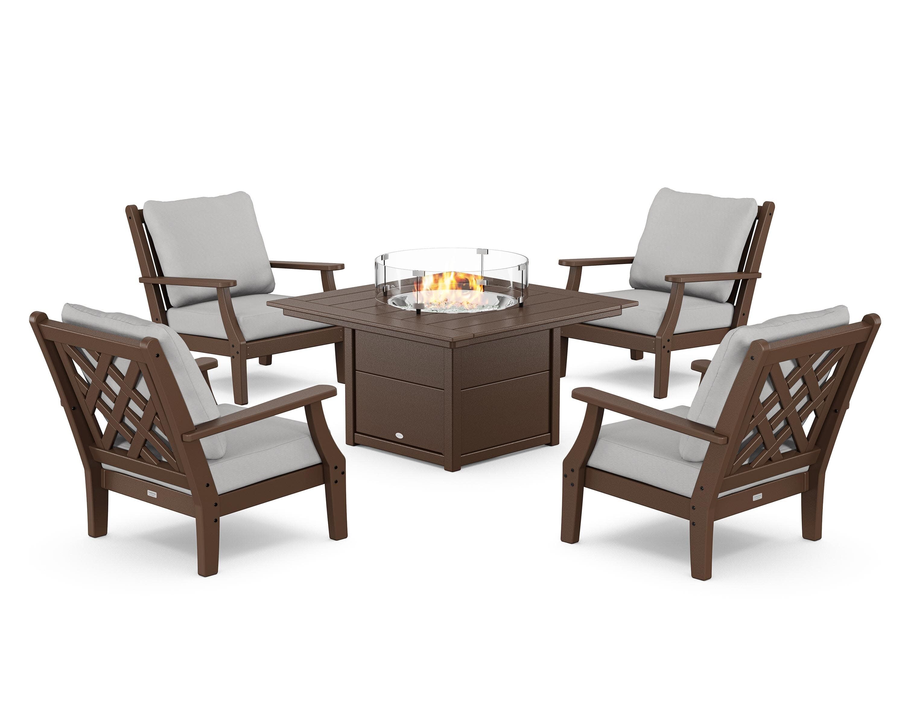 Wovendale 5-Piece Deep Seating Set with Fire Pit Table in Mahogany / Diamond in the Rough