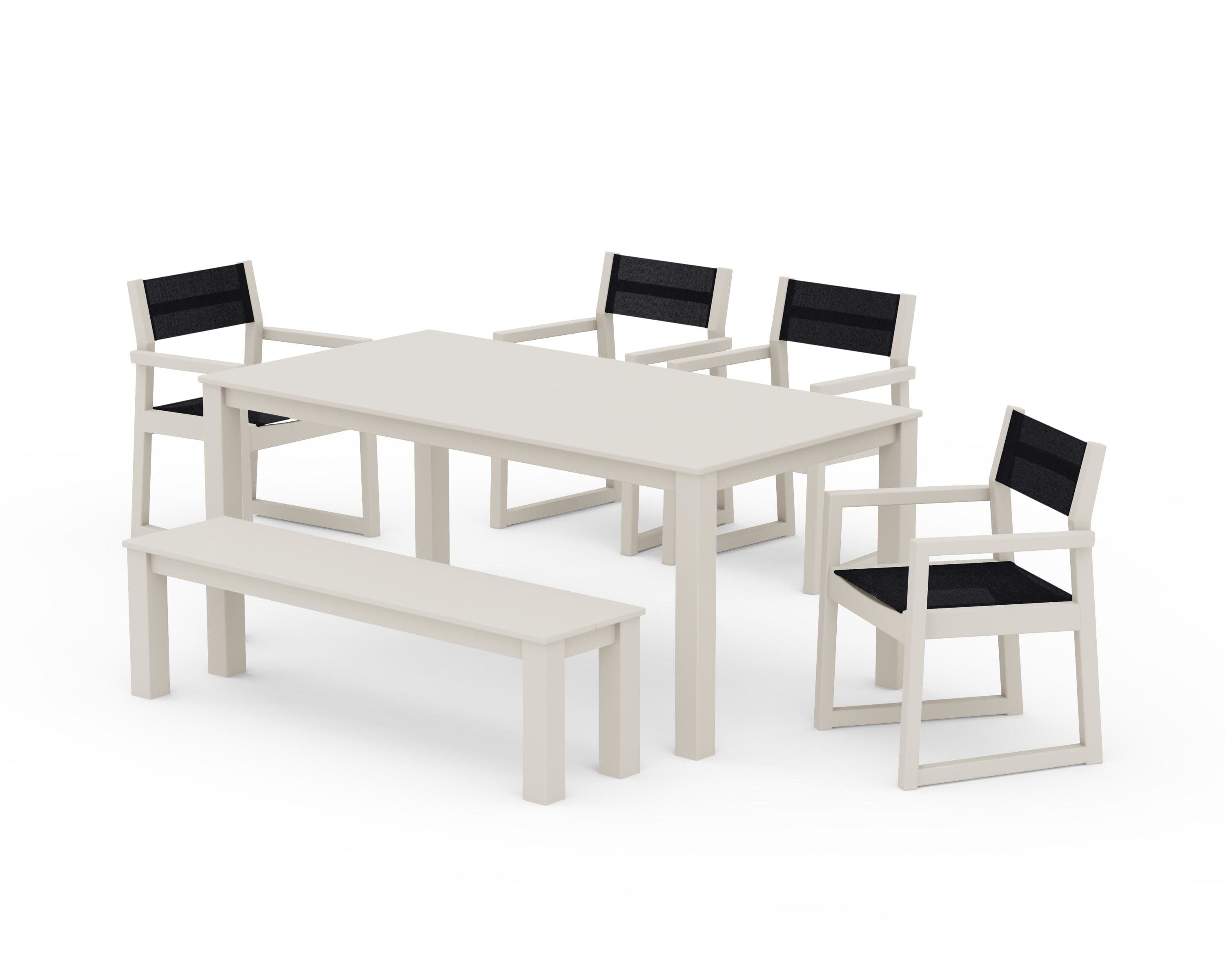 EDGE Sling Arm Chair 6-Piece Parsons Dining Set with Bench in Sand / Black Sling