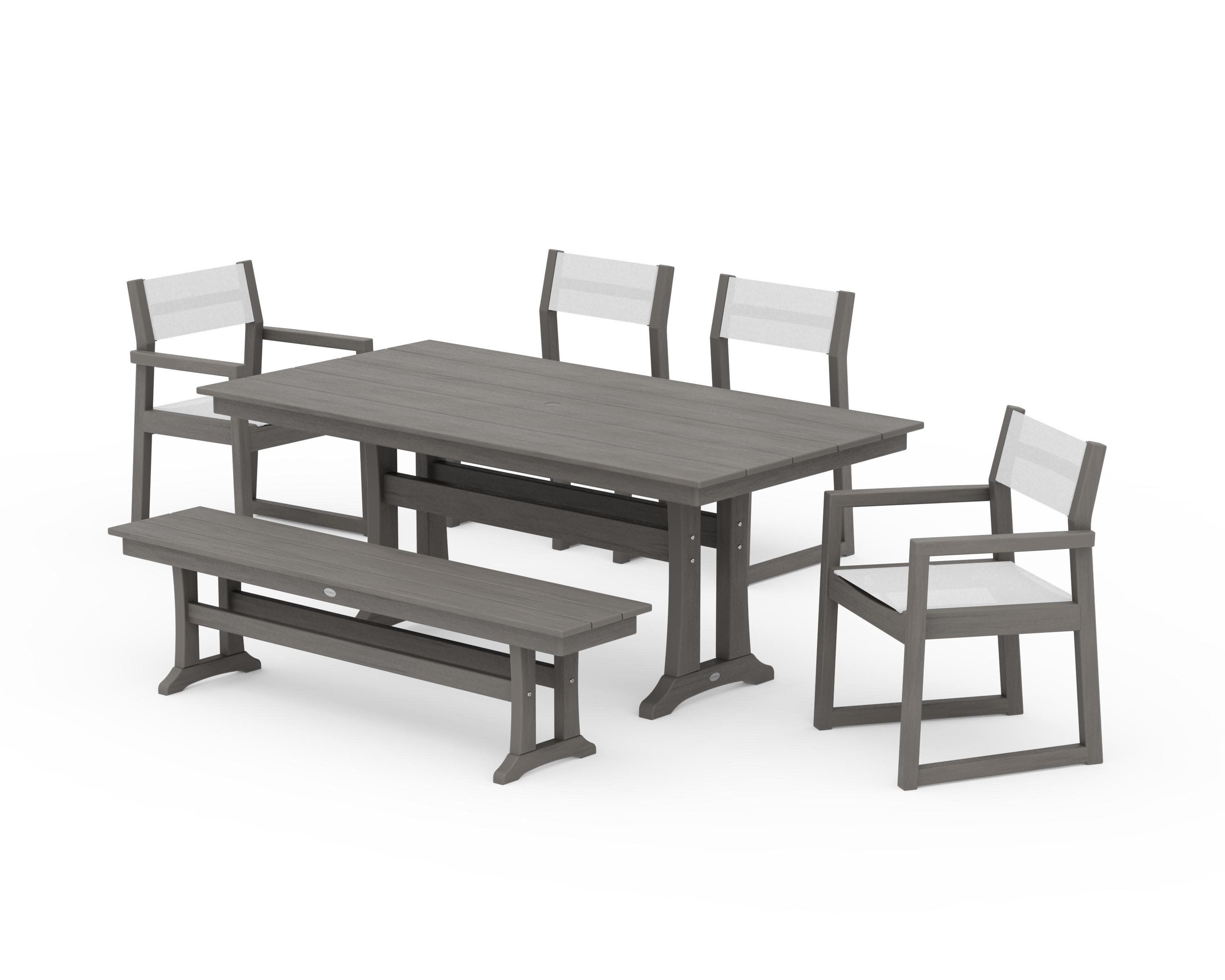 EDGE Sling 6-Piece Farmhouse Dining Set With Trestle Legs in Driftwood / White Sling