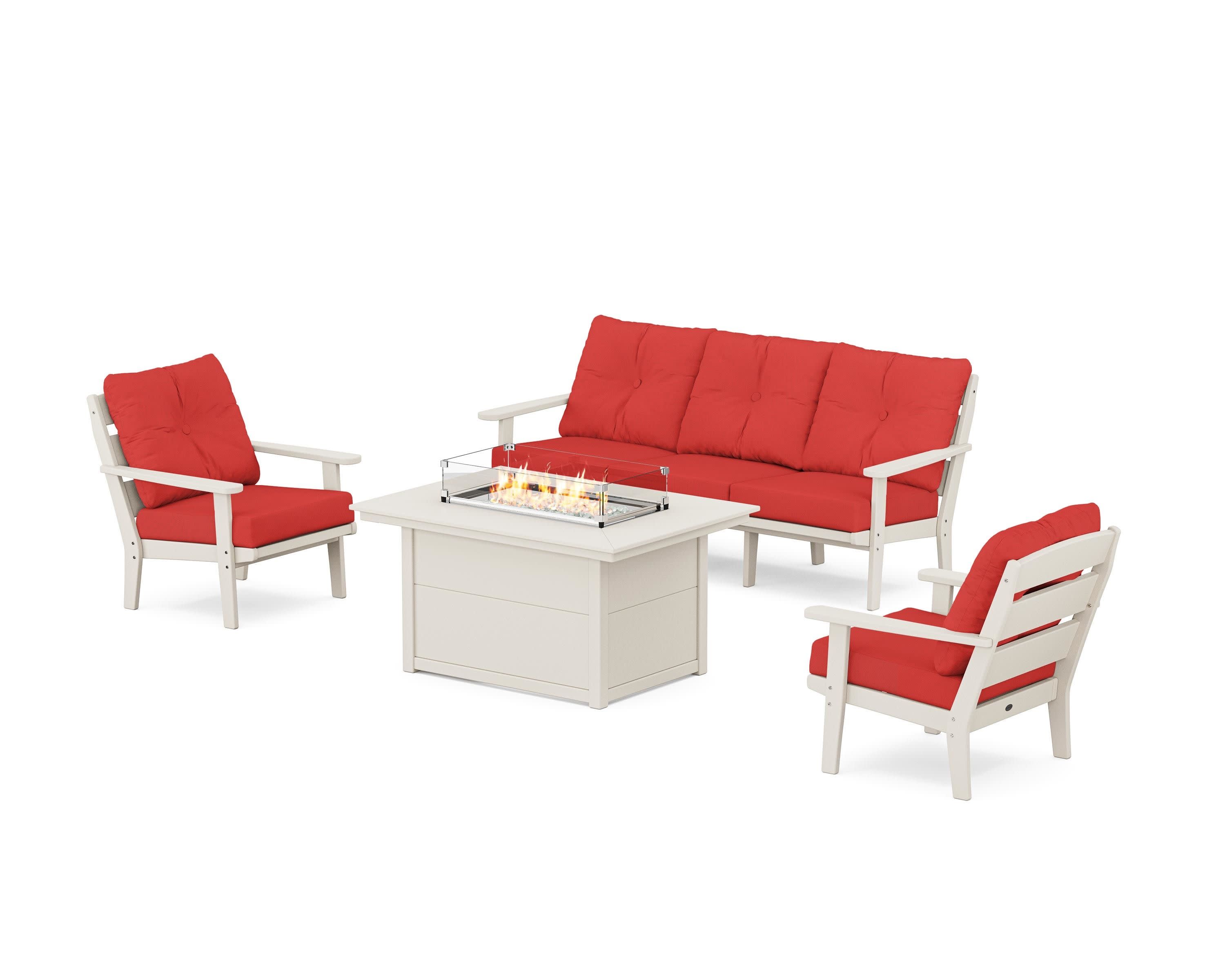 Lakeside Deep Seating Fire Pit Table Set in Sand / Crimson Linen