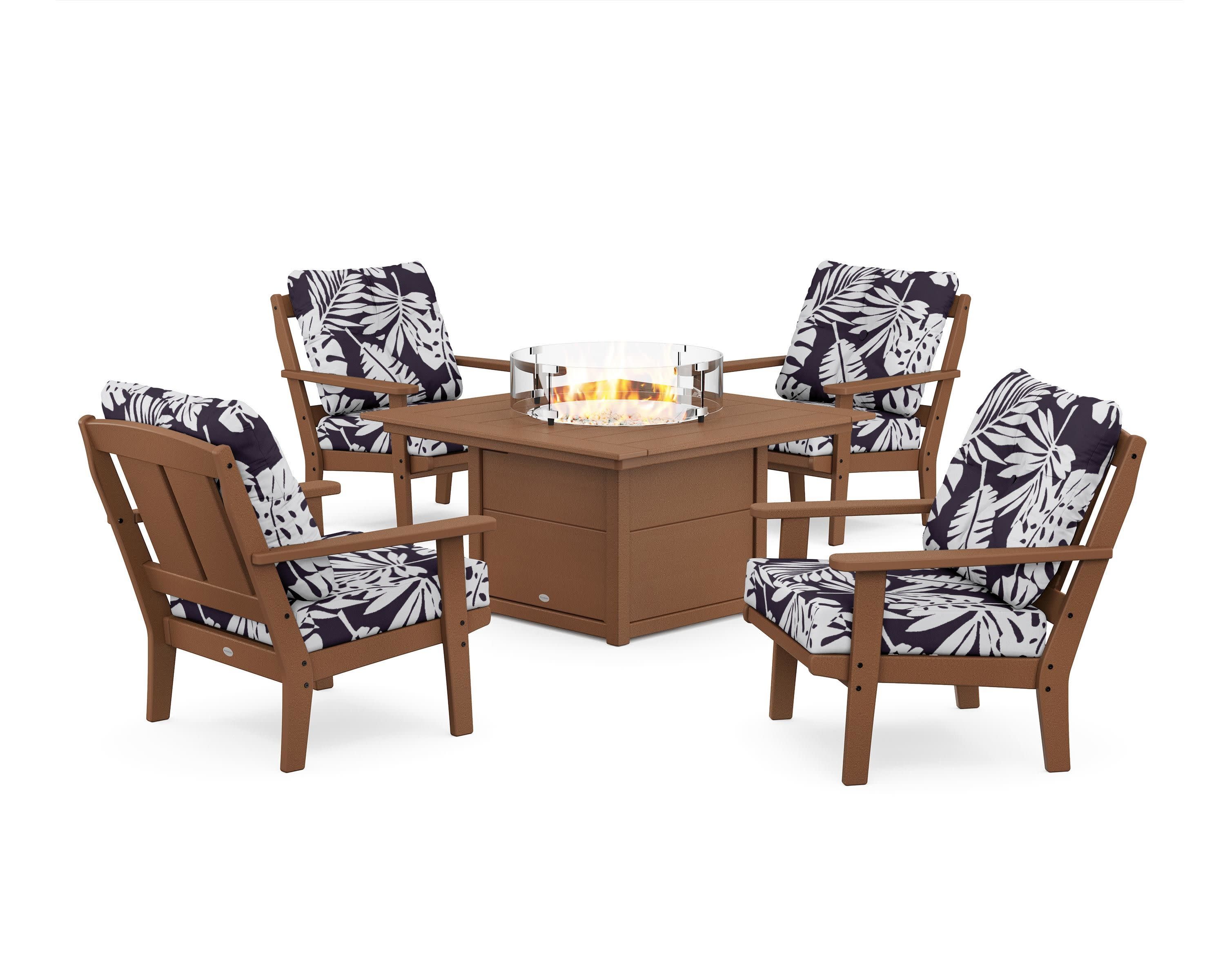Mission 5-Piece Deep Seating Set with Fire Pit Table in Teak / Leaf Navy