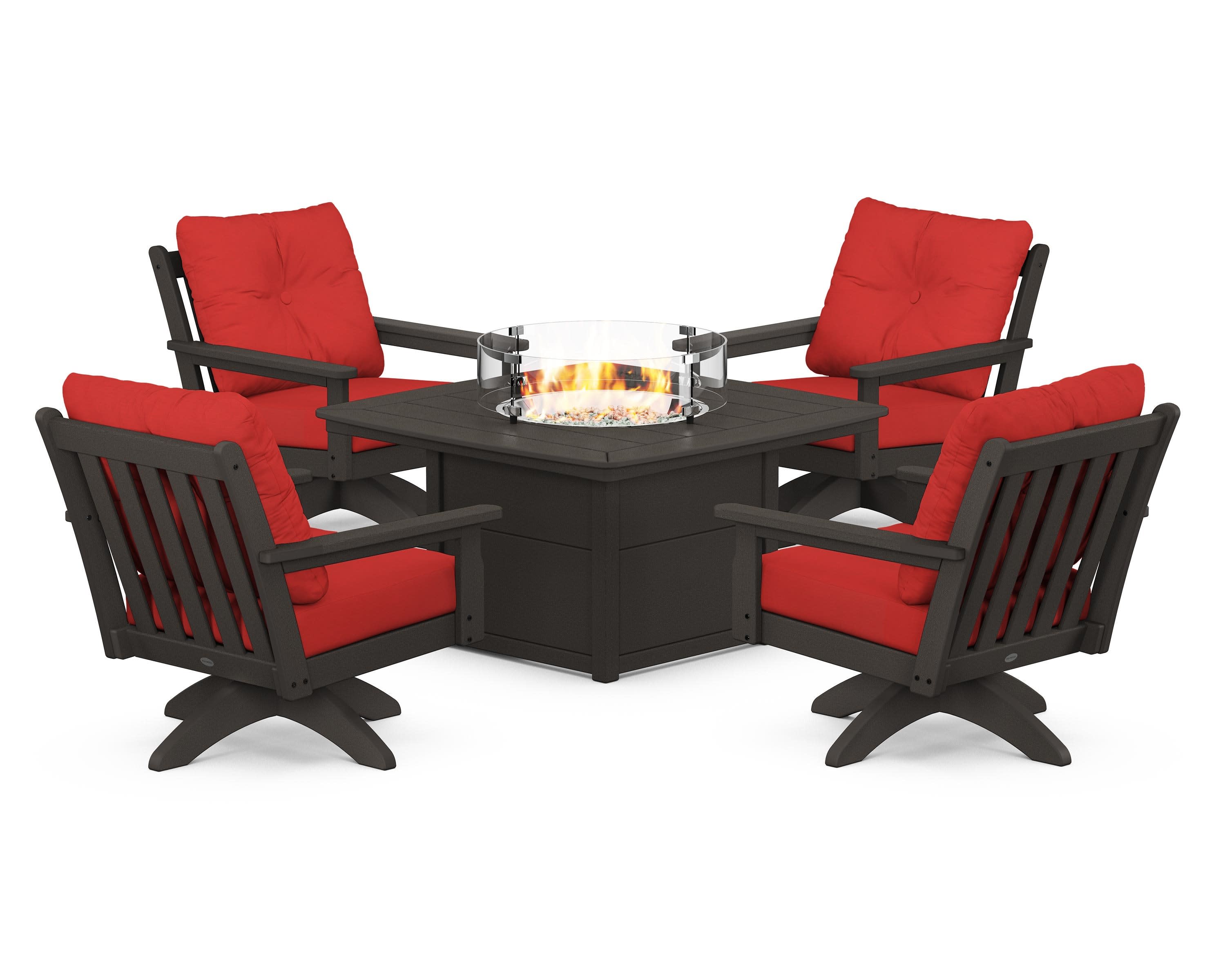 Vineyard 5-Piece Deep Seating Swivel Conversation Set with Fire Pit Table in Vintage Coffee / Crimson Linen