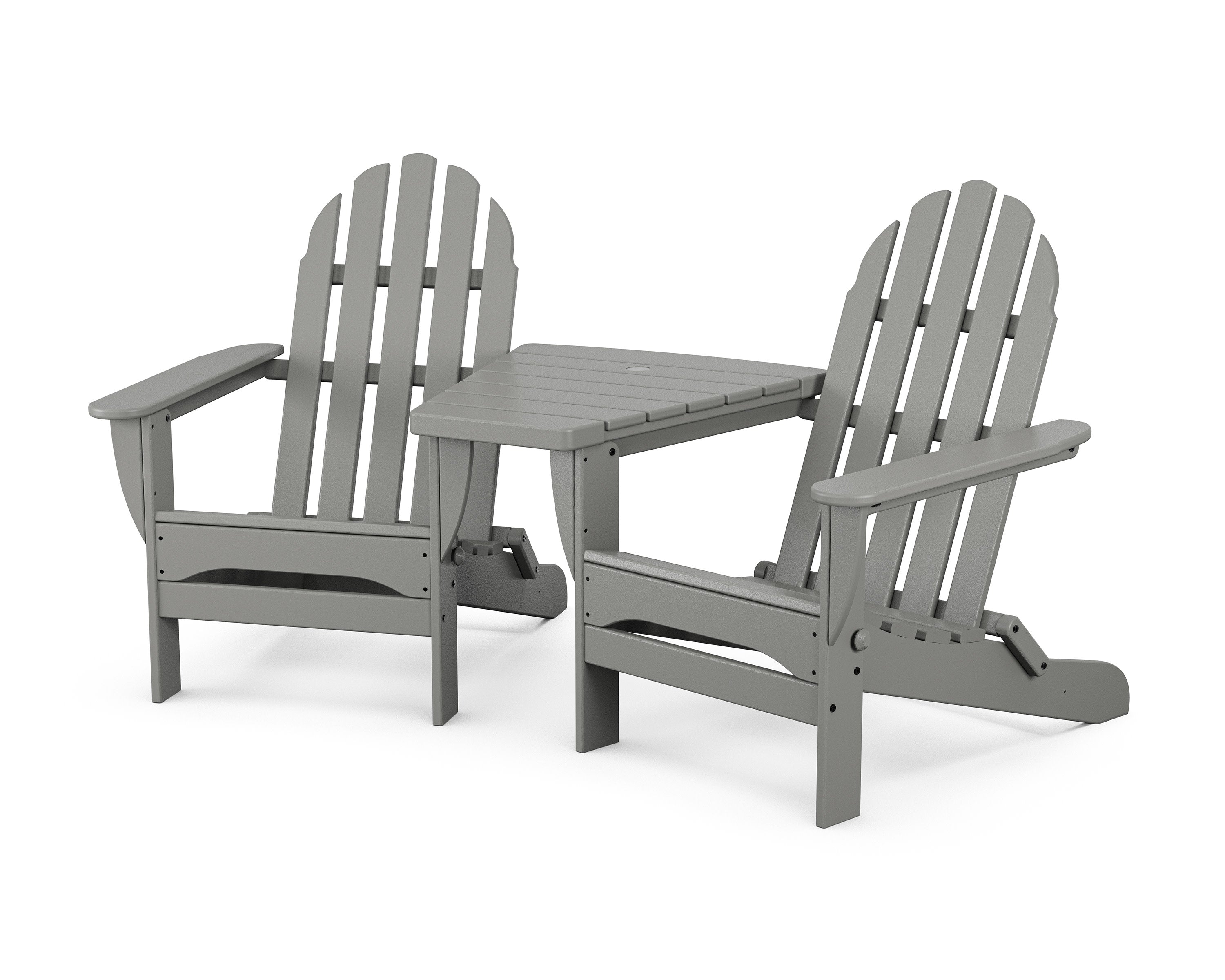 Classic Folding Adirondacks with Angled Connecting Table in Slate Grey