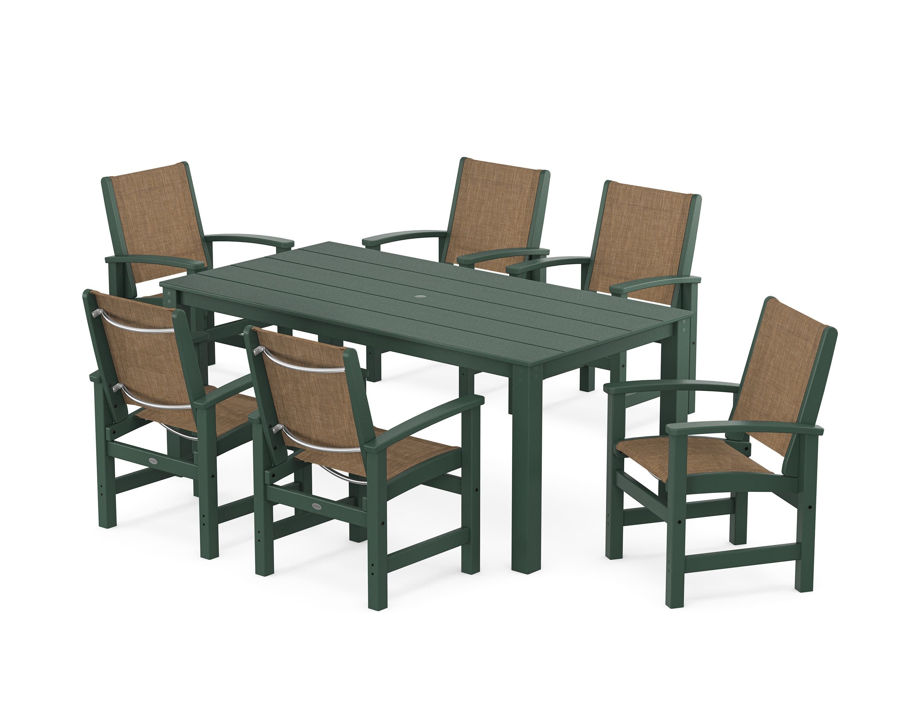 Coastal 7-Piece Parsons Dining Set in Green / Burlap Sling
