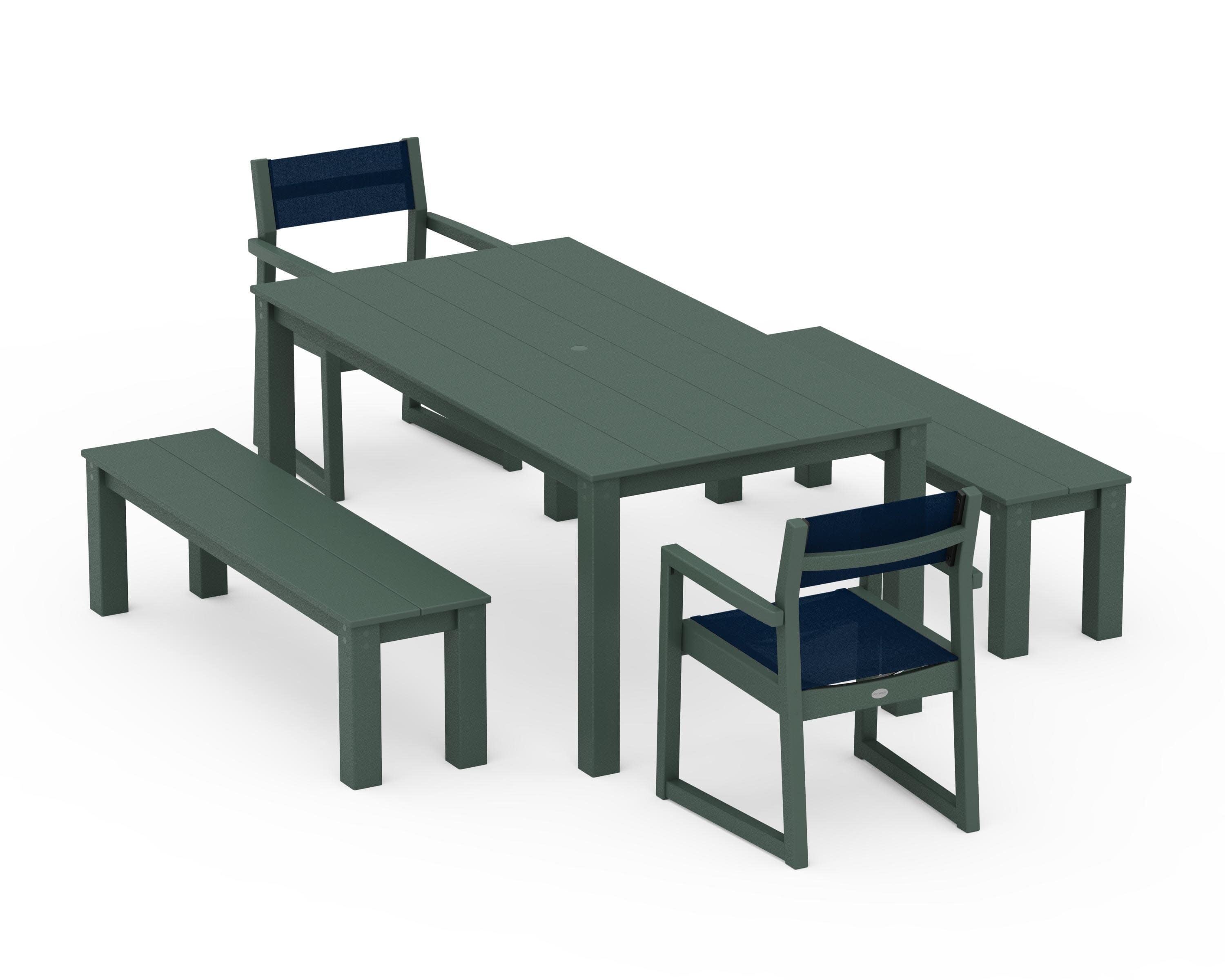 EDGE Sling Arm Chair 5-Piece Parsons Dining Set with Benches in Green / Navy Blue Sling