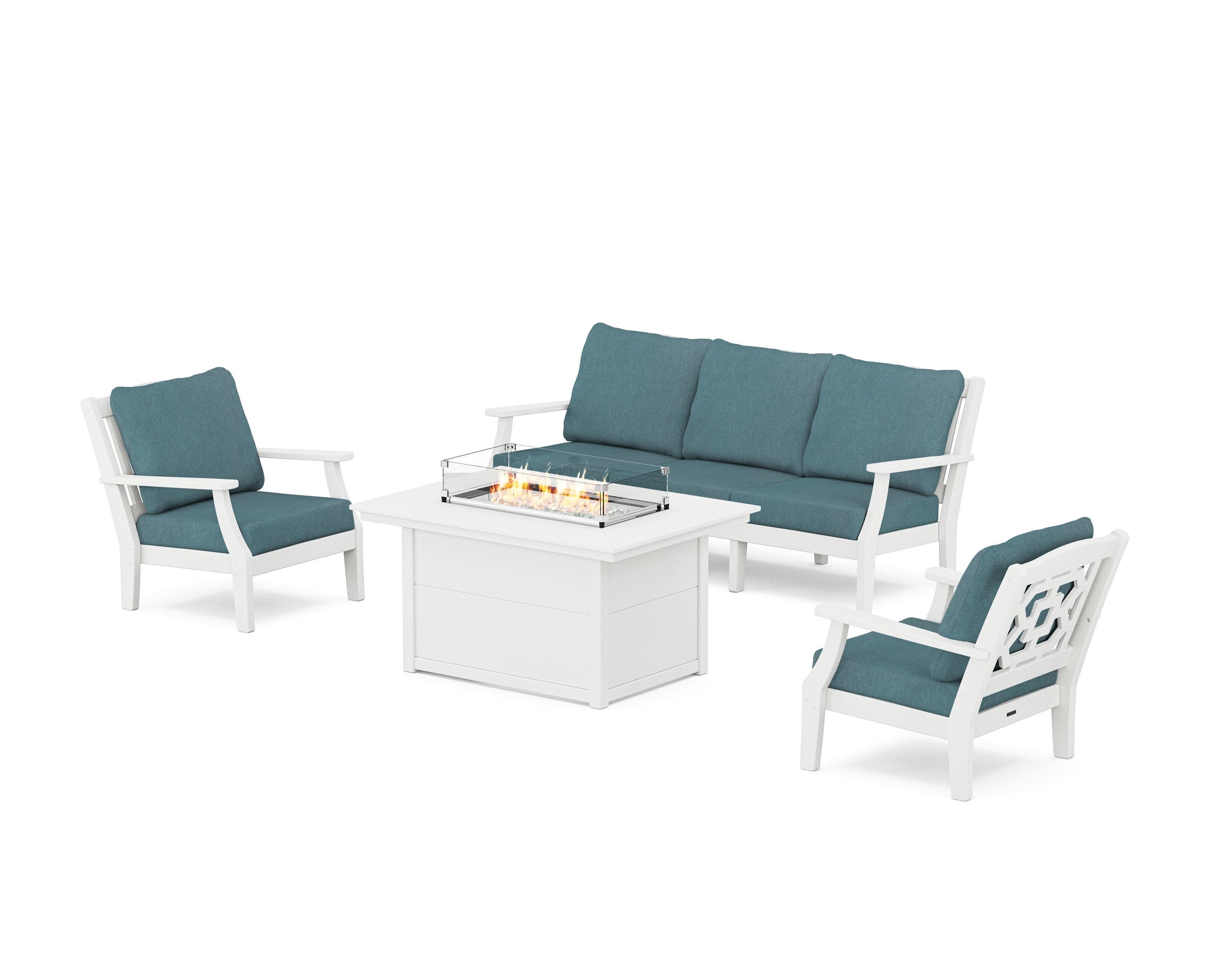 Chinoiserie Deep Seating Fire Pit Table Set in White / Ocean Teal