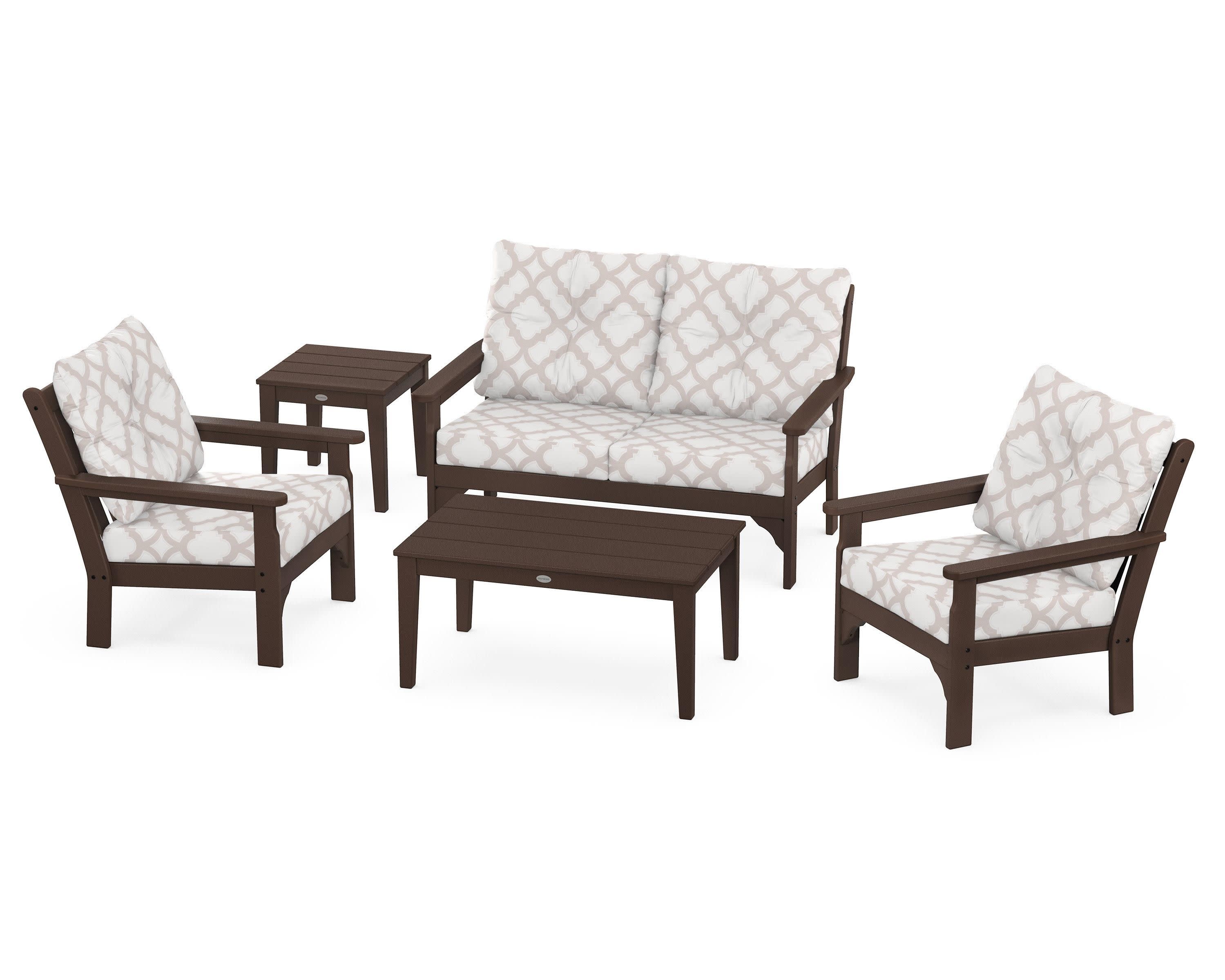 Vineyard 5-Piece Deep Seating Set in Mahogany / Trellis Dune Burlap