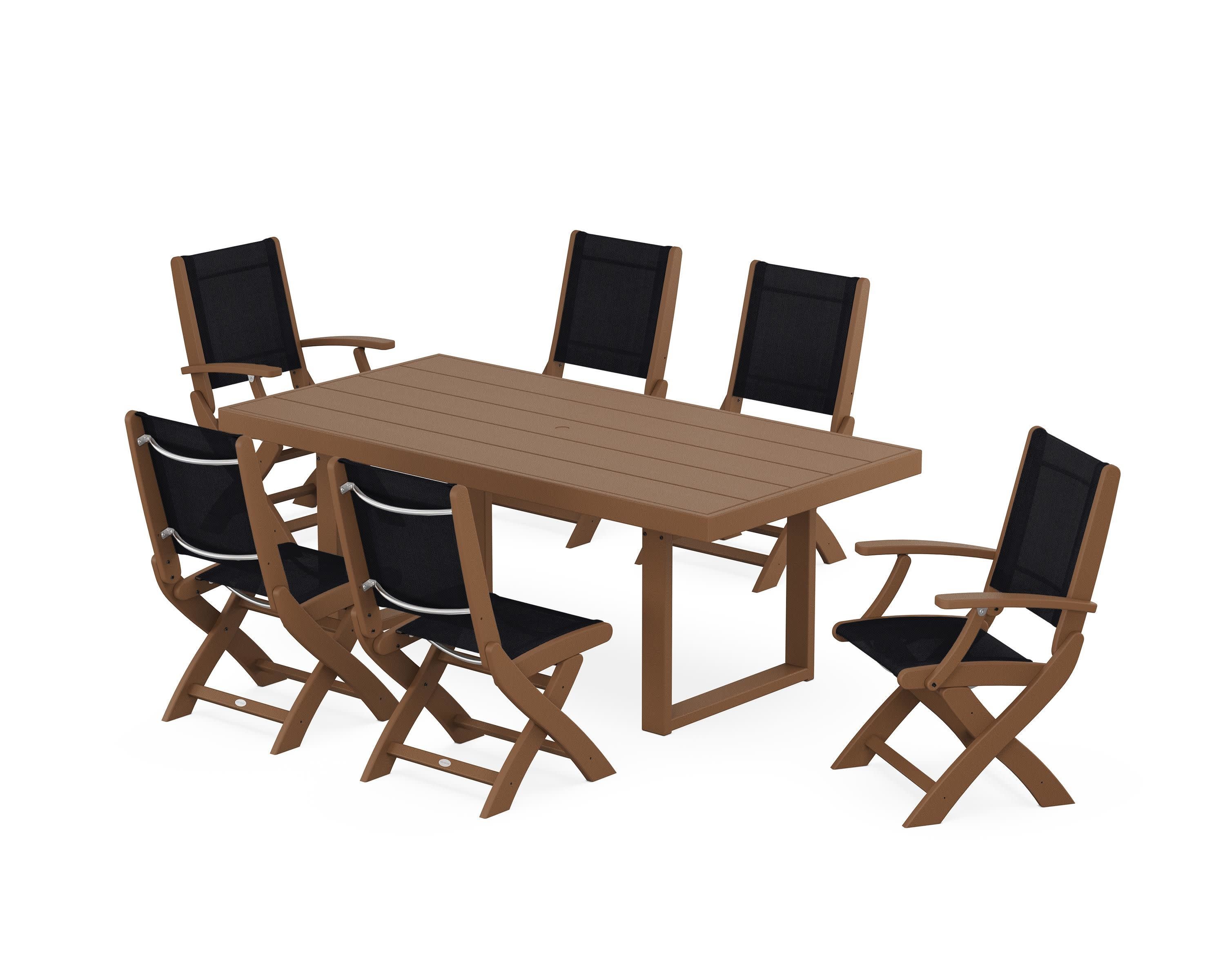 Coastal Folding Chair 7-Piece Dining Set with Trestle Legs in Teak / Black Sling