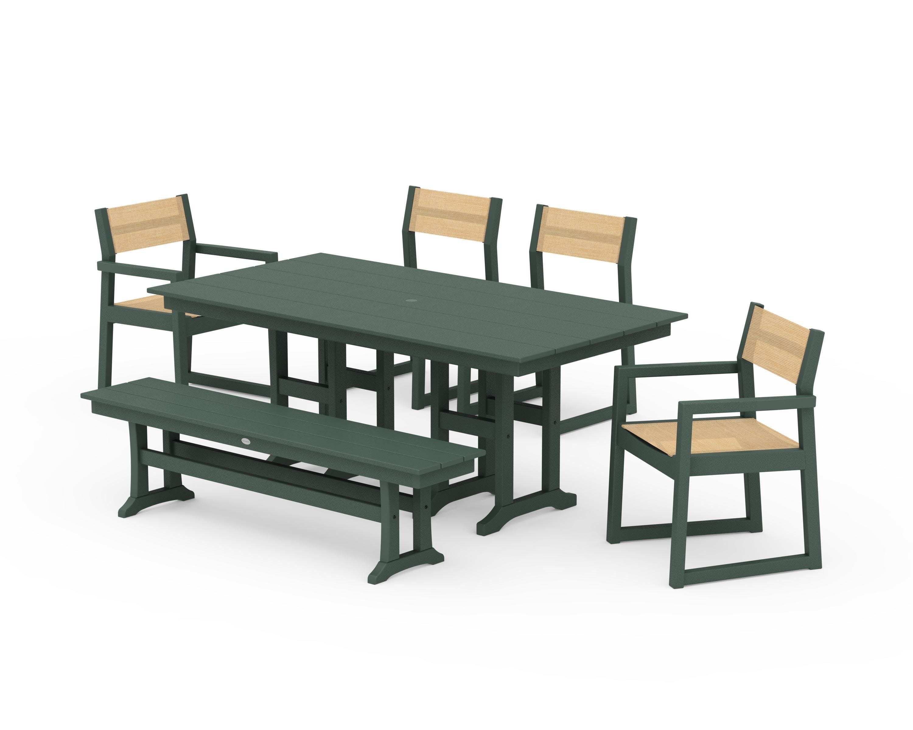 EDGE Sling 6-Piece Farmhouse Dining Set in Green / Dupioni Apricot Sling