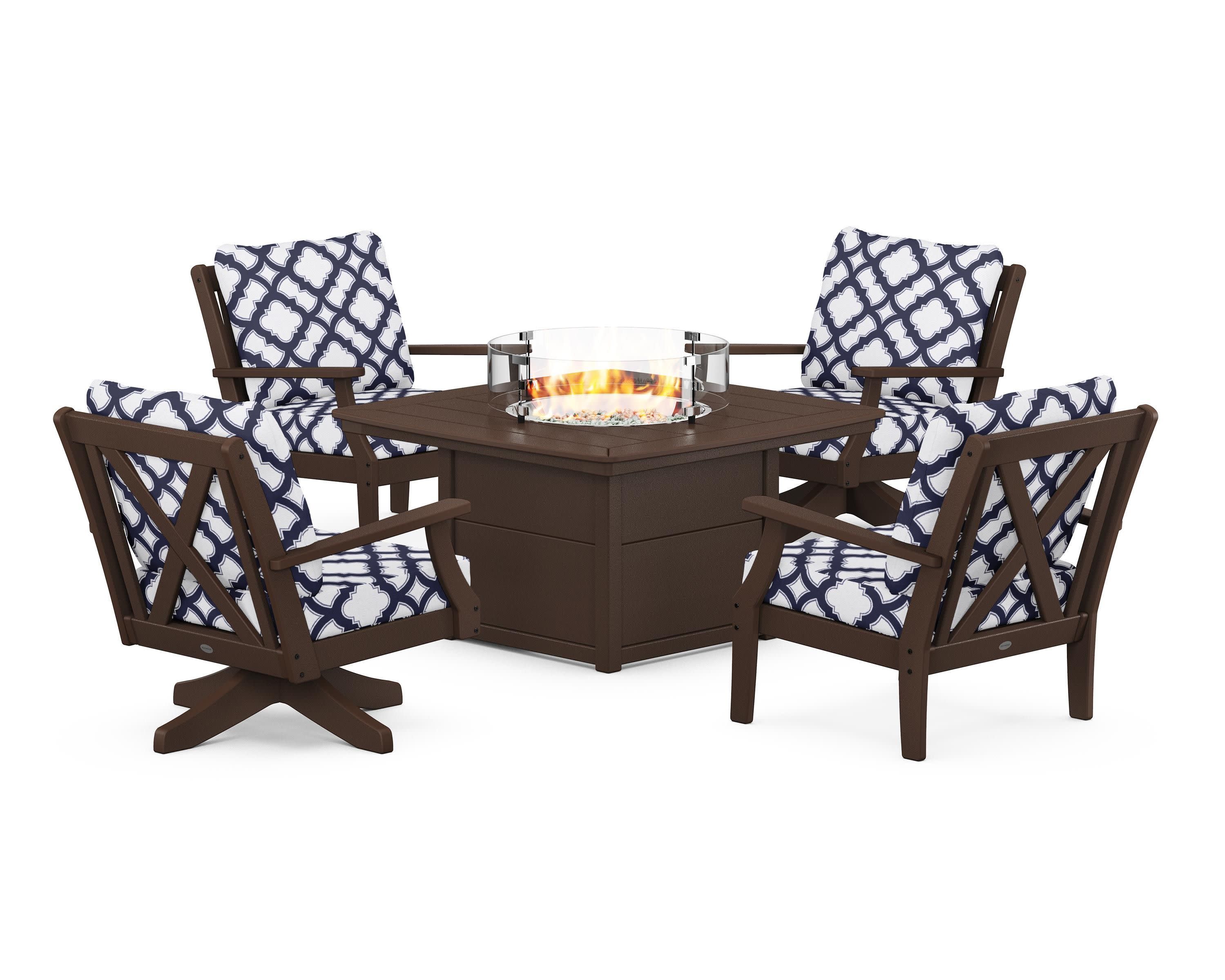 Braxton 5-Piece Deep Seating Set with Fire Table in Mahogany / Trellis Navy