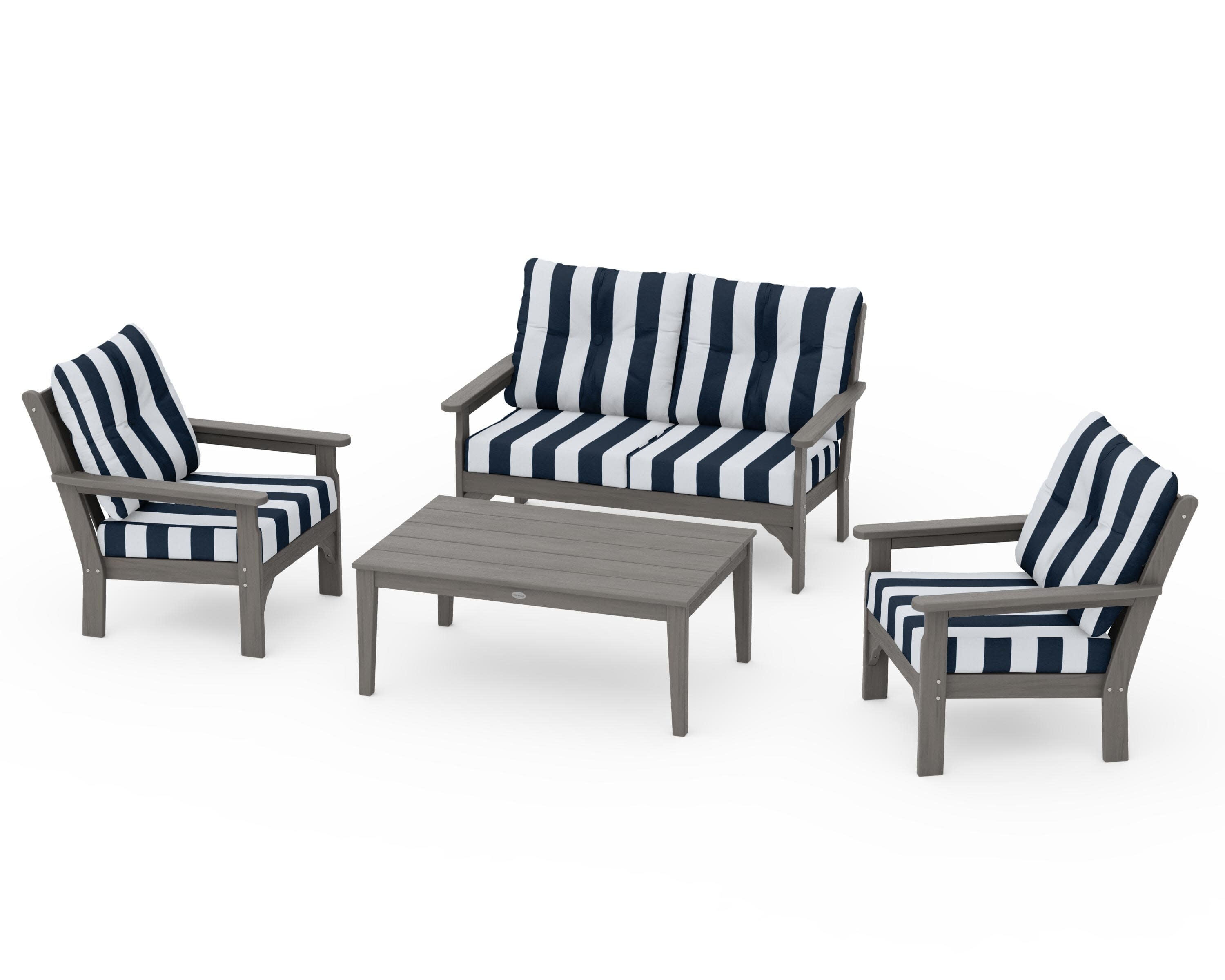 Vineyard 4-Piece Deep Seating Set in Driftwood / Cabana Stripe Marine Indigo