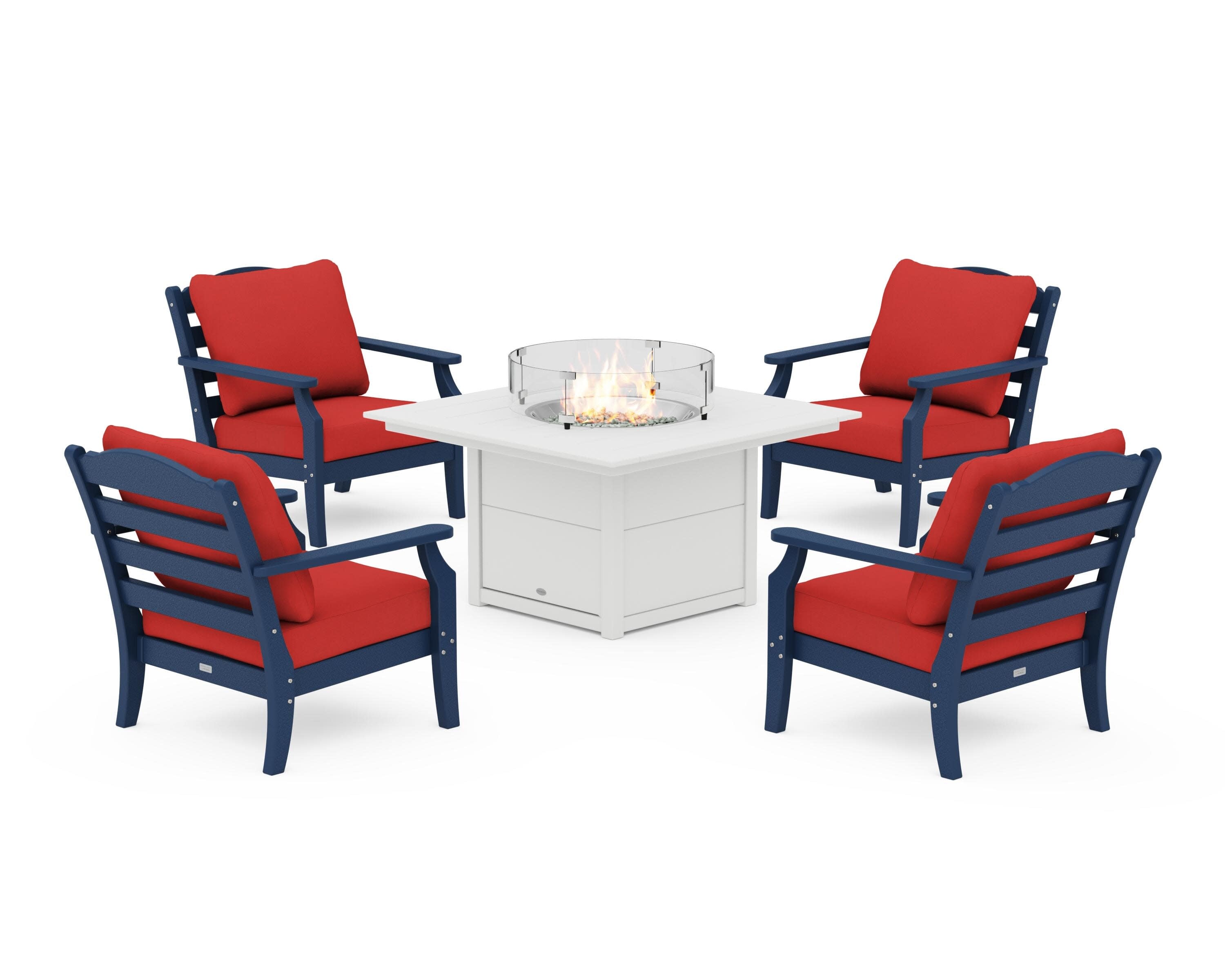 Savannah 5-Piece Deep Seating Set with Fire Pit Table in Navy / Crimson Linen
