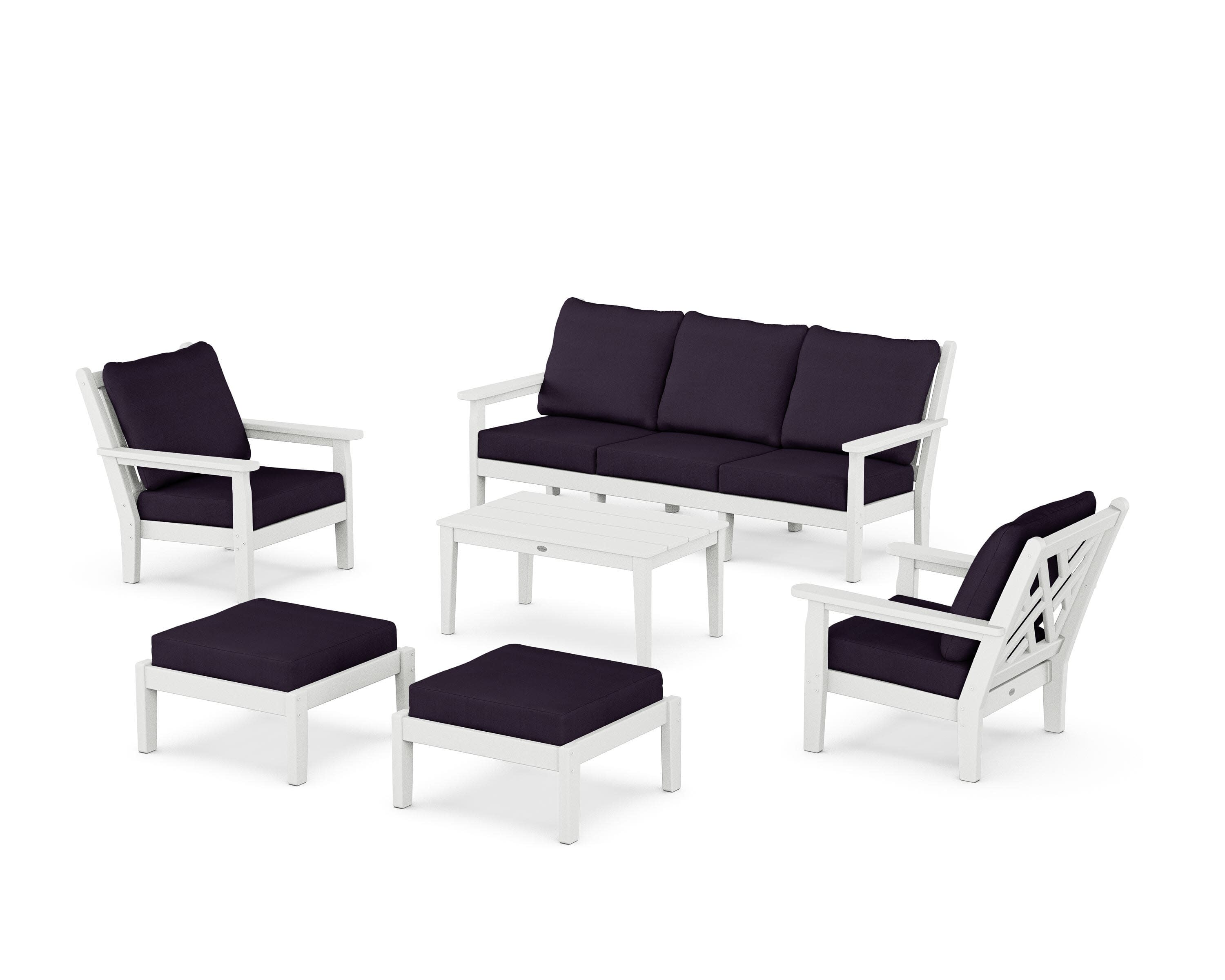 Chippendale 6-Piece Lounge Sofa Set in White / Navy Linen