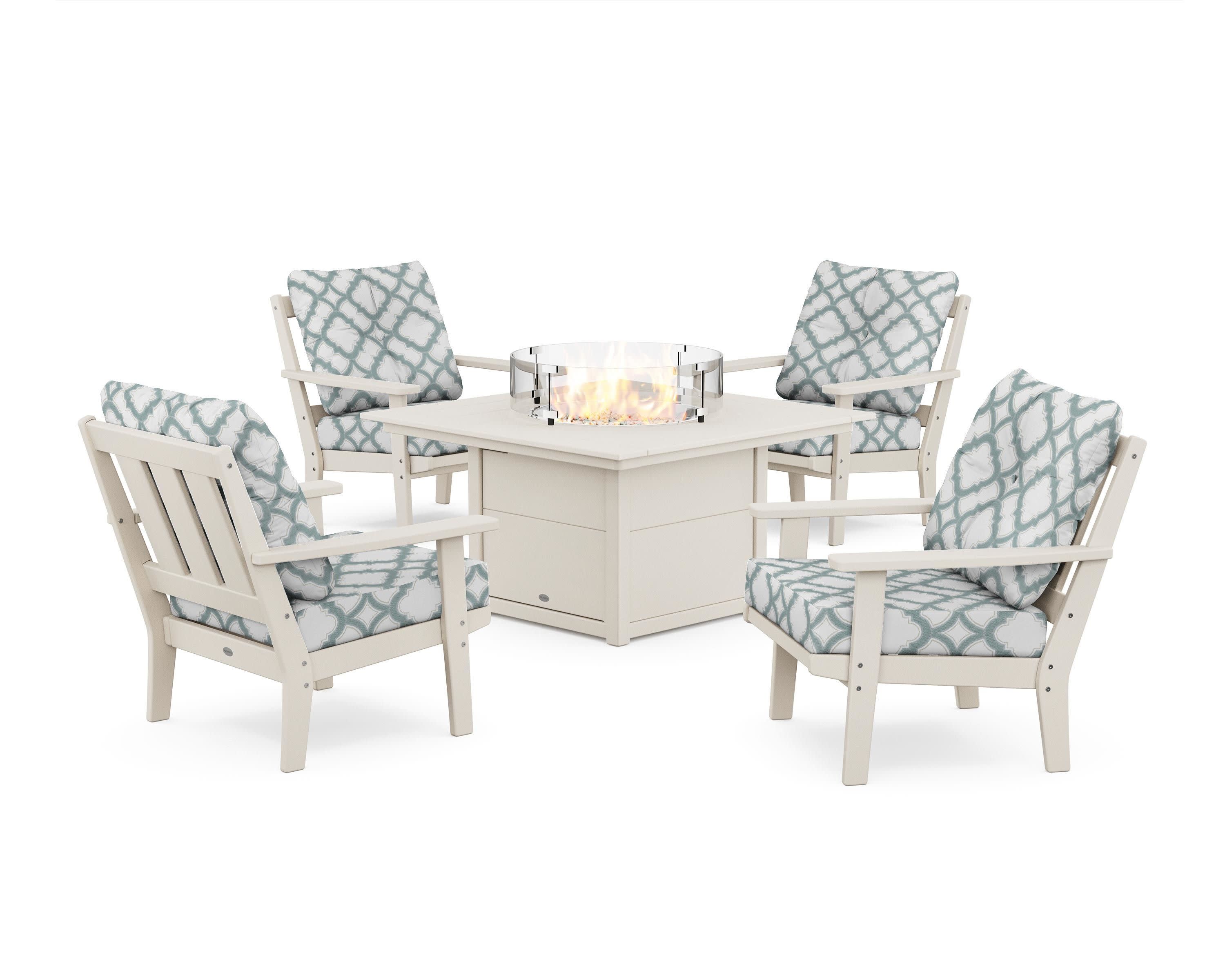 Oxford 5-Piece Deep Seating Set with Fire Pit Table in Sand / Trellis Glacier Spa