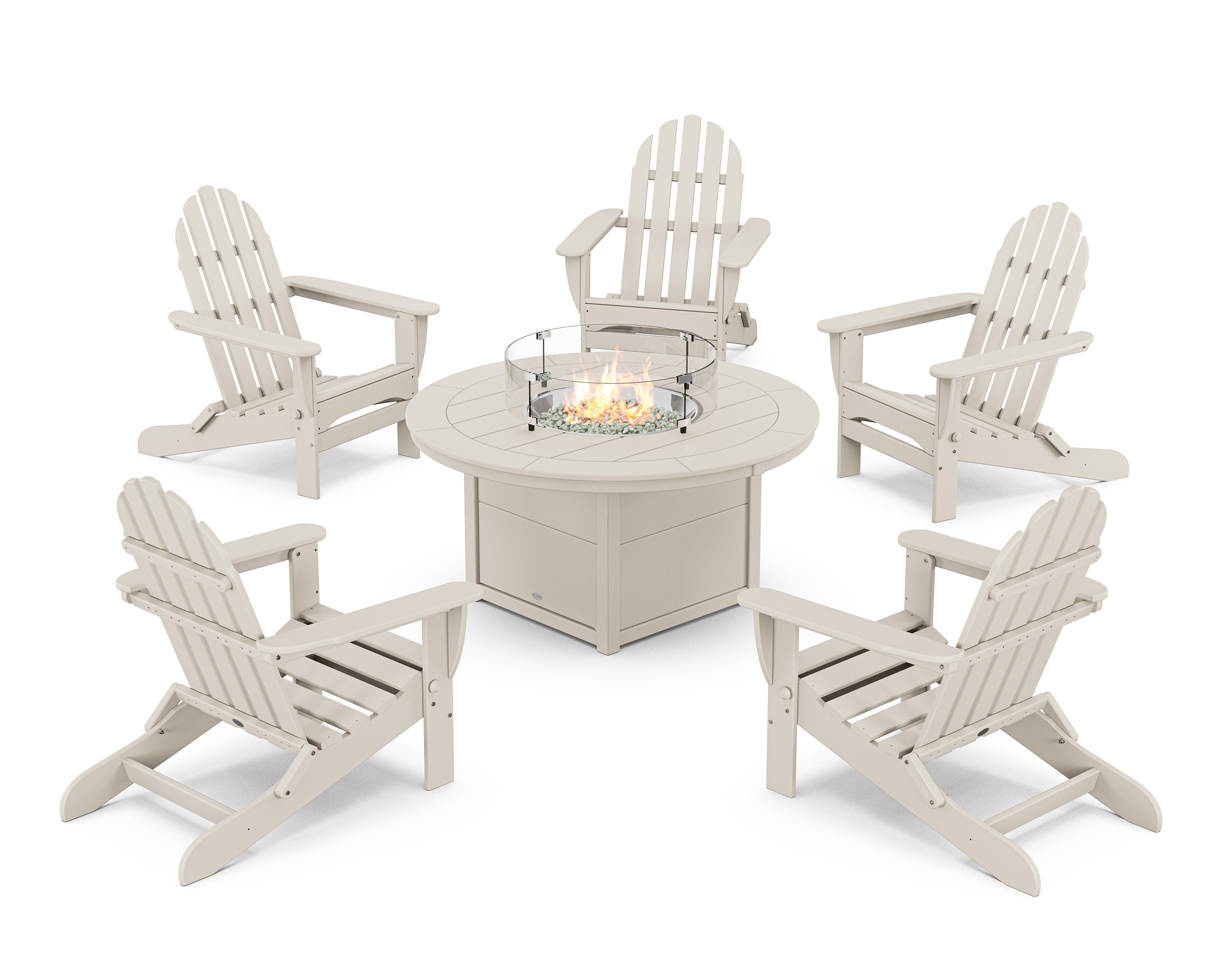 Classic Folding Adirondack 6-Piece Conversation Set with Fire Pit Table in Sand