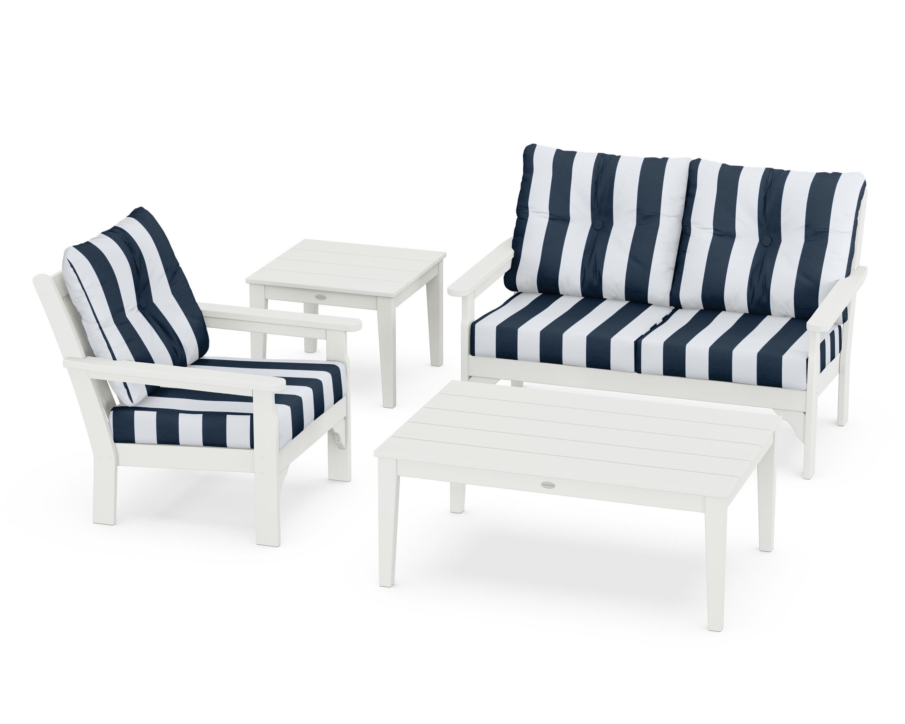 Vineyard 4-Piece Deep Seating Set in Vintage White / Cabana Stripe Marine Indigo