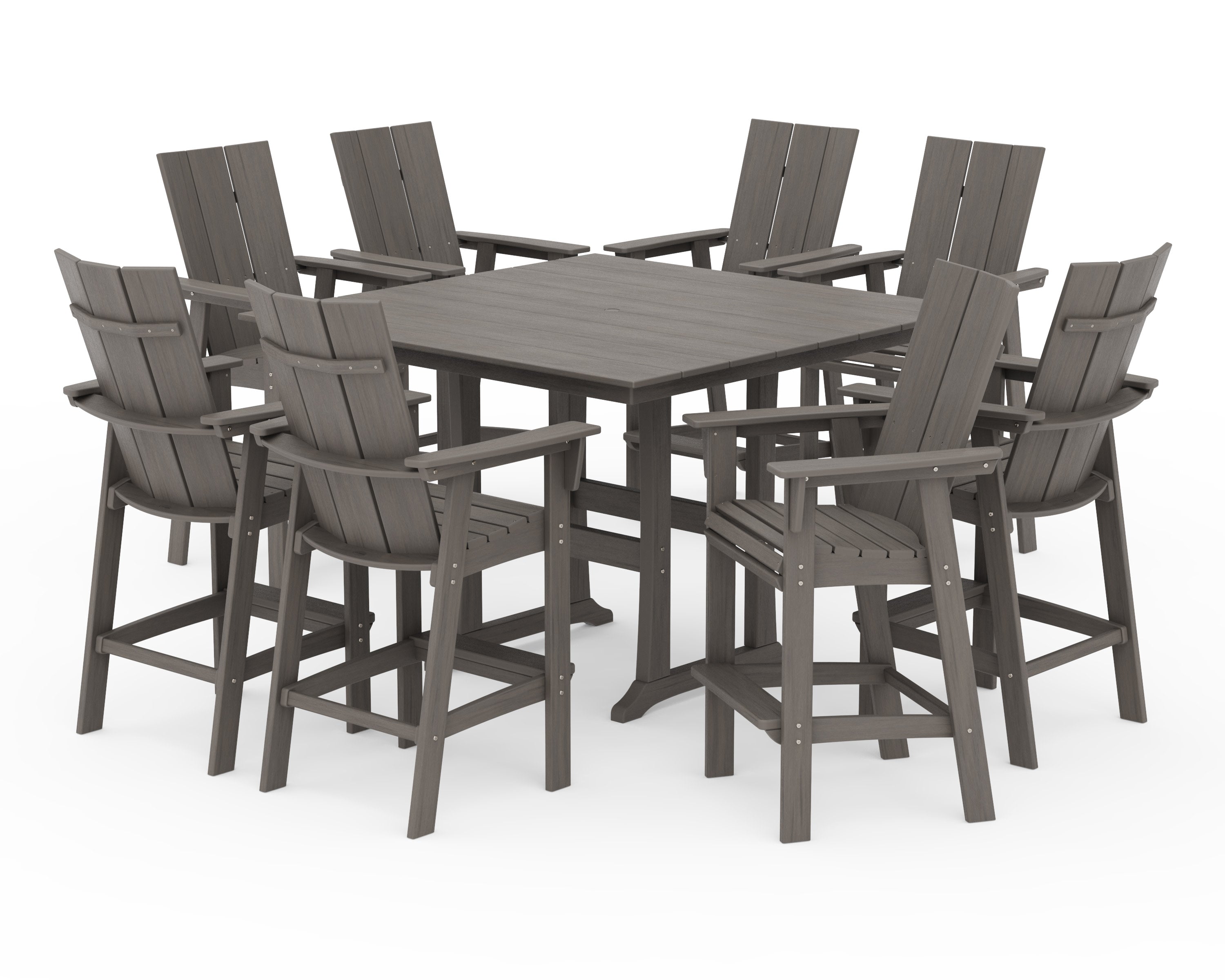 Modern Curveback Adirondack 9-Piece Farmhouse Trestle Bar Set in Driftwood