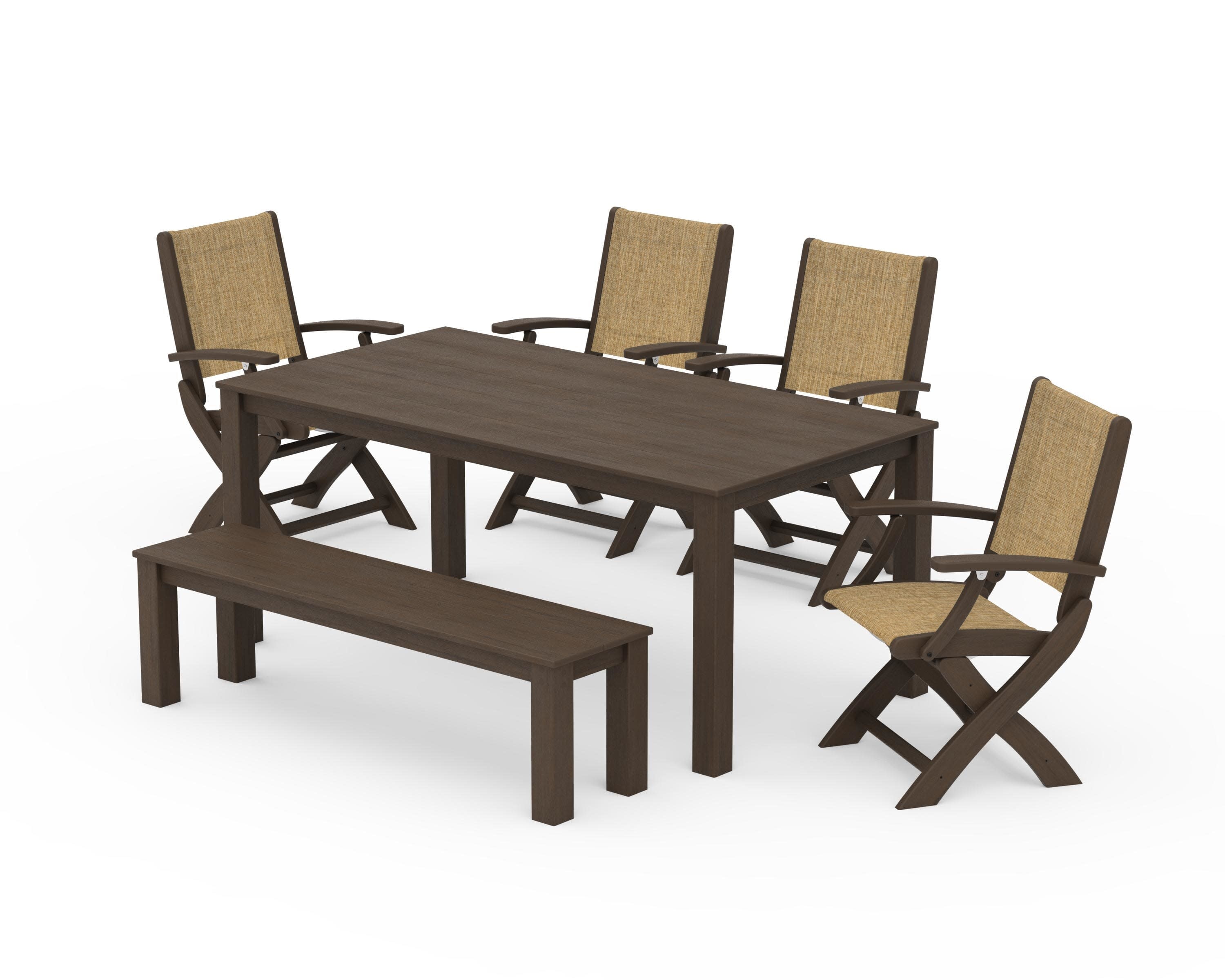 Coastal Folding Chair 6-Piece Parsons Dining Set with Bench in Kona / Burlap Sling