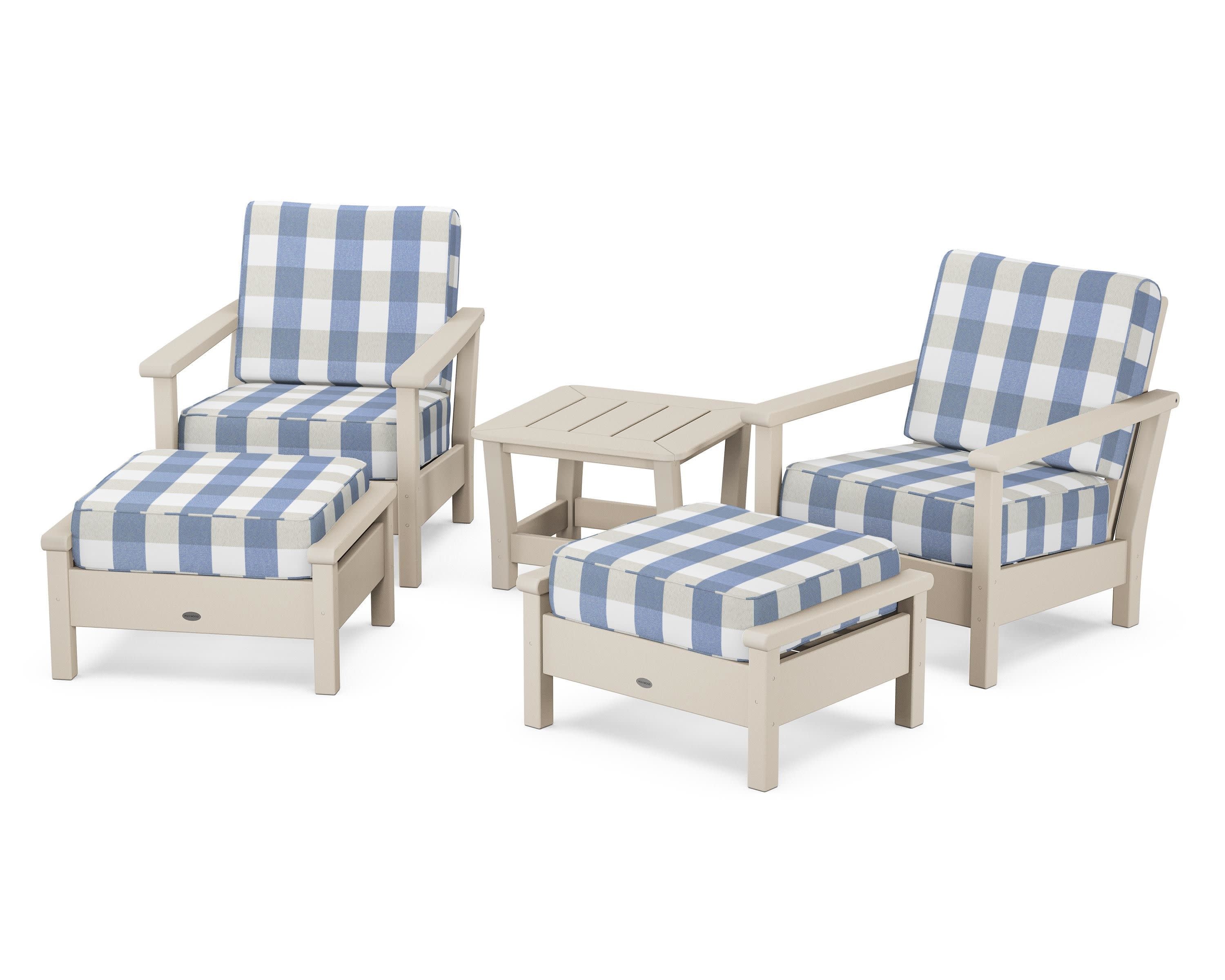 Harbour 5-Piece Deep Seating Chair Set in Sand / Buffalo Plaid Sky Blue