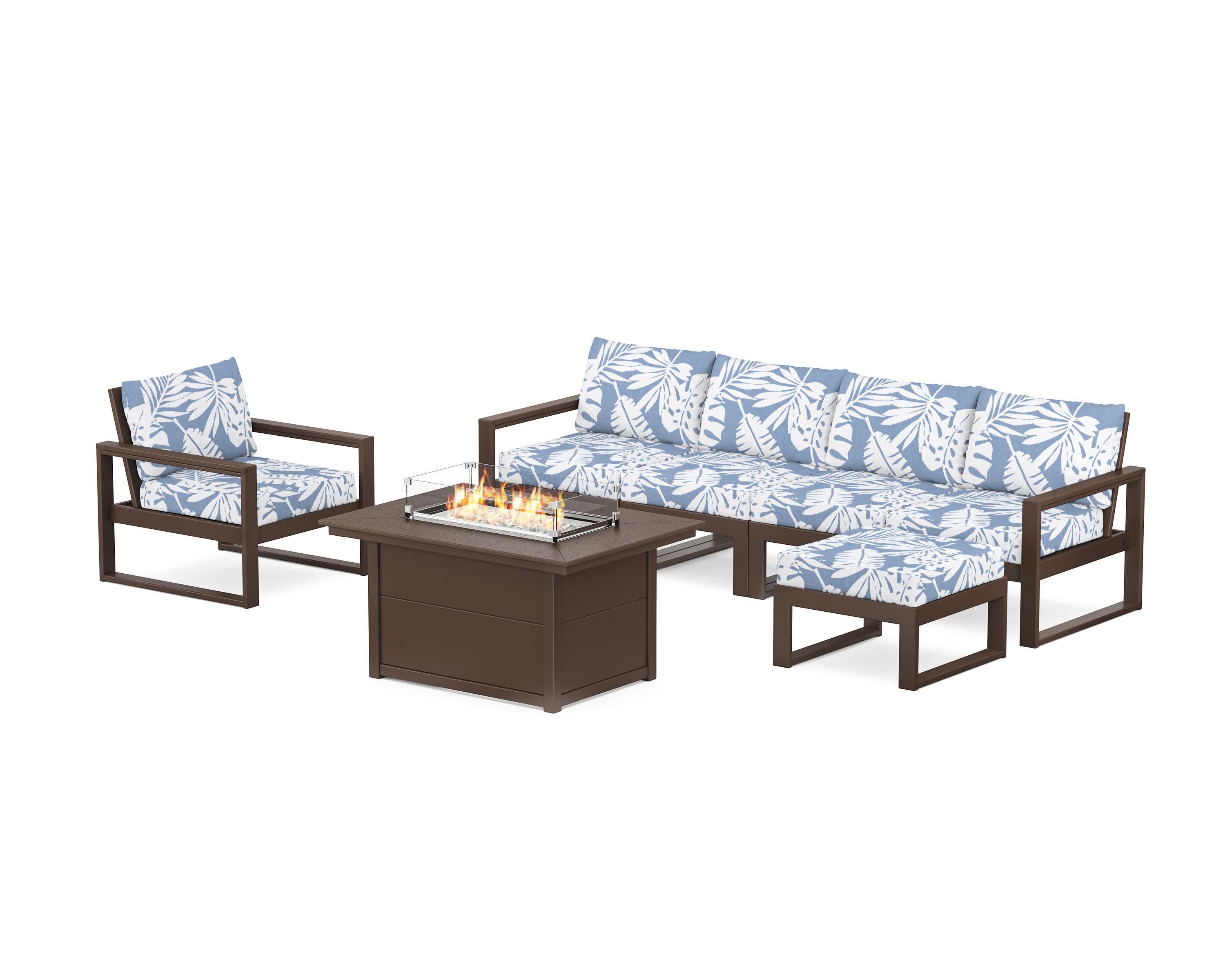 EDGE Sectional Lounge and Fire Pit Set in Mahogany / Leaf Sky Blue