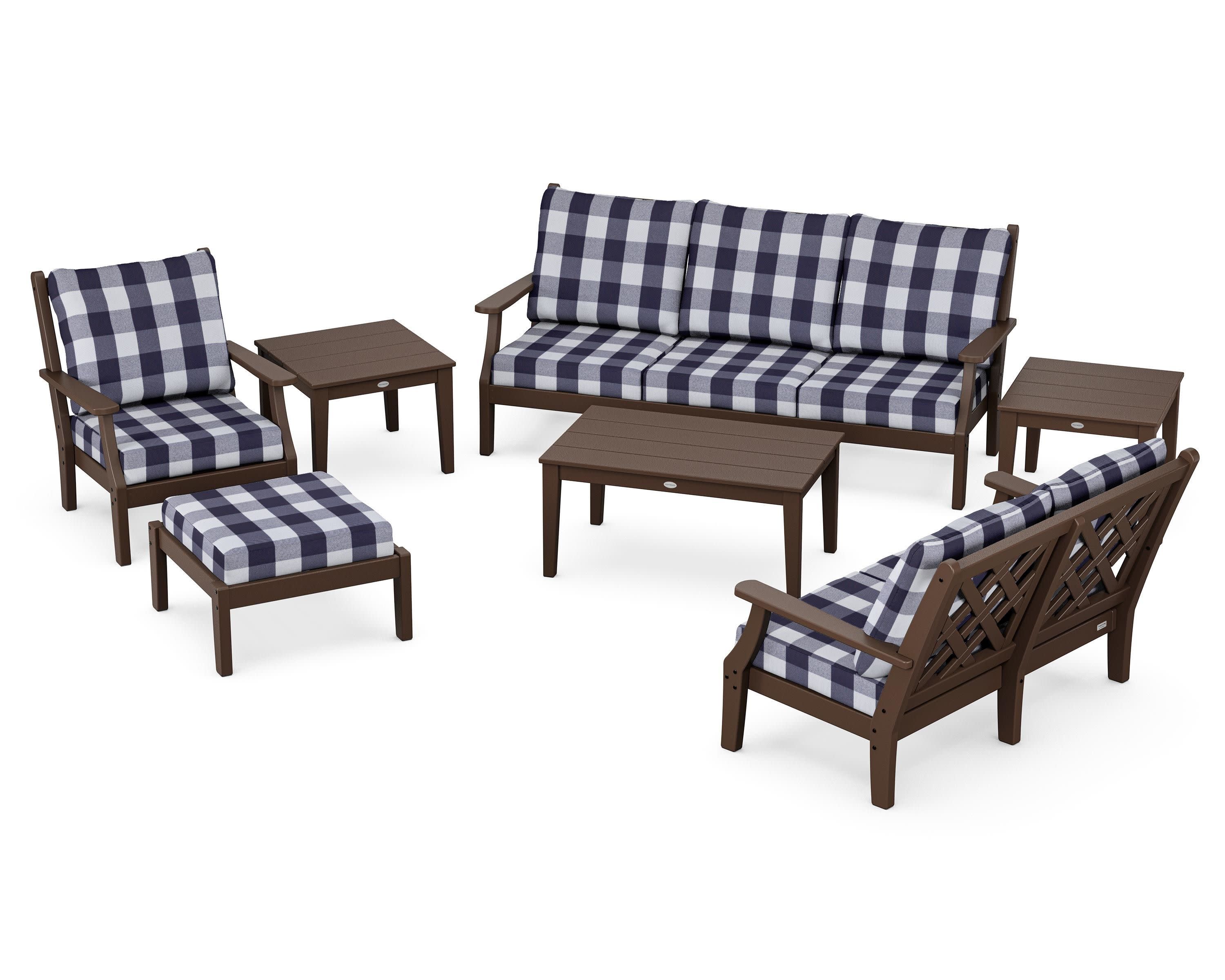 Wovendale 7-Piece Deep Seating Set in Mahogany / Buffalo Plaid Navy