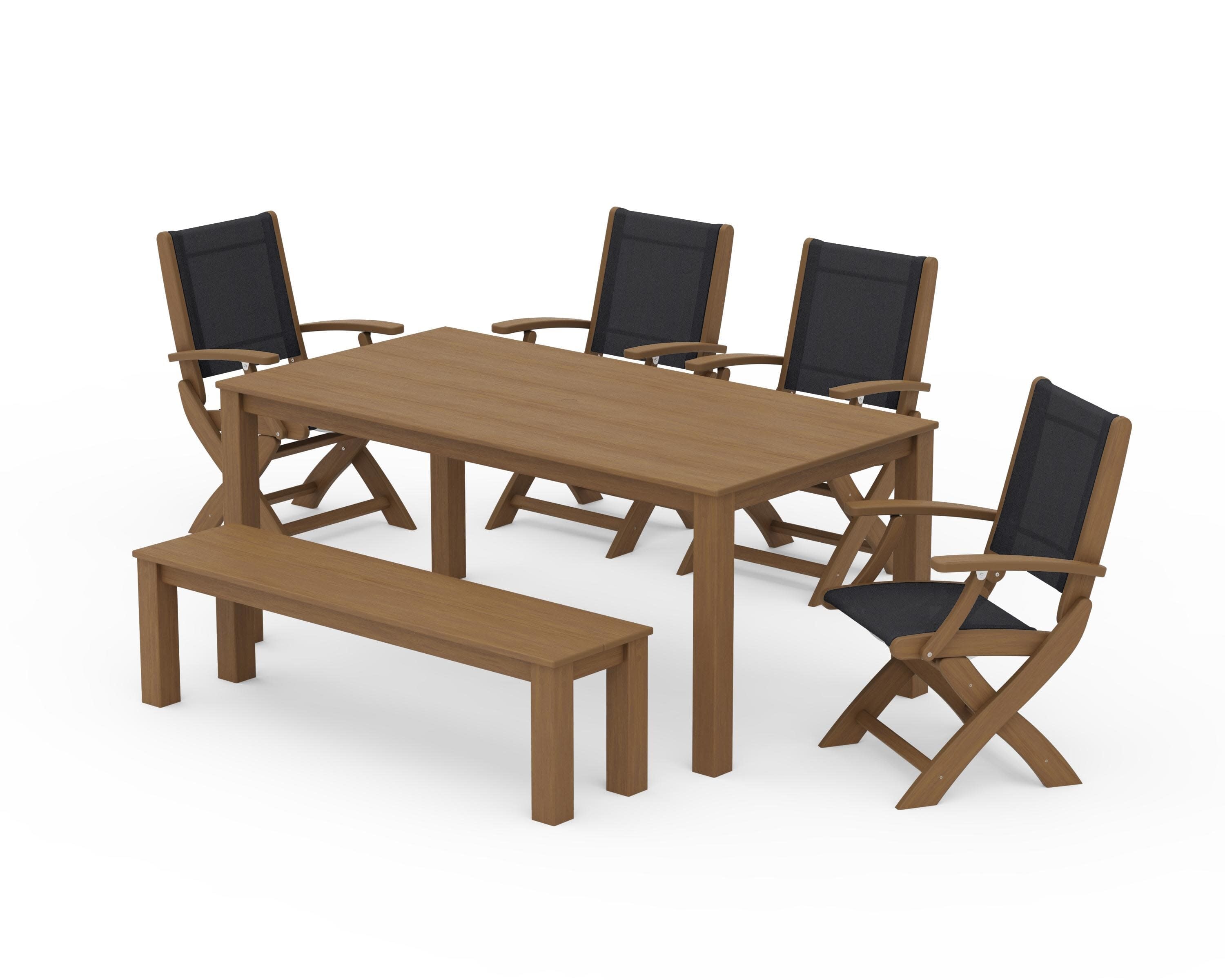 Coastal Folding Chair 6-Piece Parsons Dining Set with Bench in Natural / Black Sling