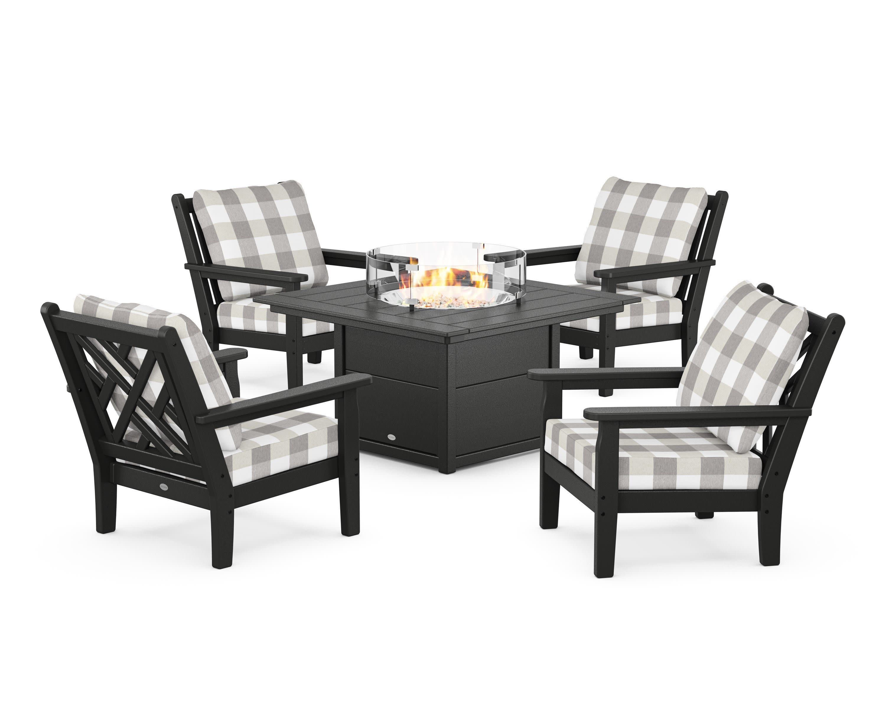 Chippendale 5-Piece Deep Seating Set with Fire Pit Table in Black / Buffalo Plaid Grey Mist
