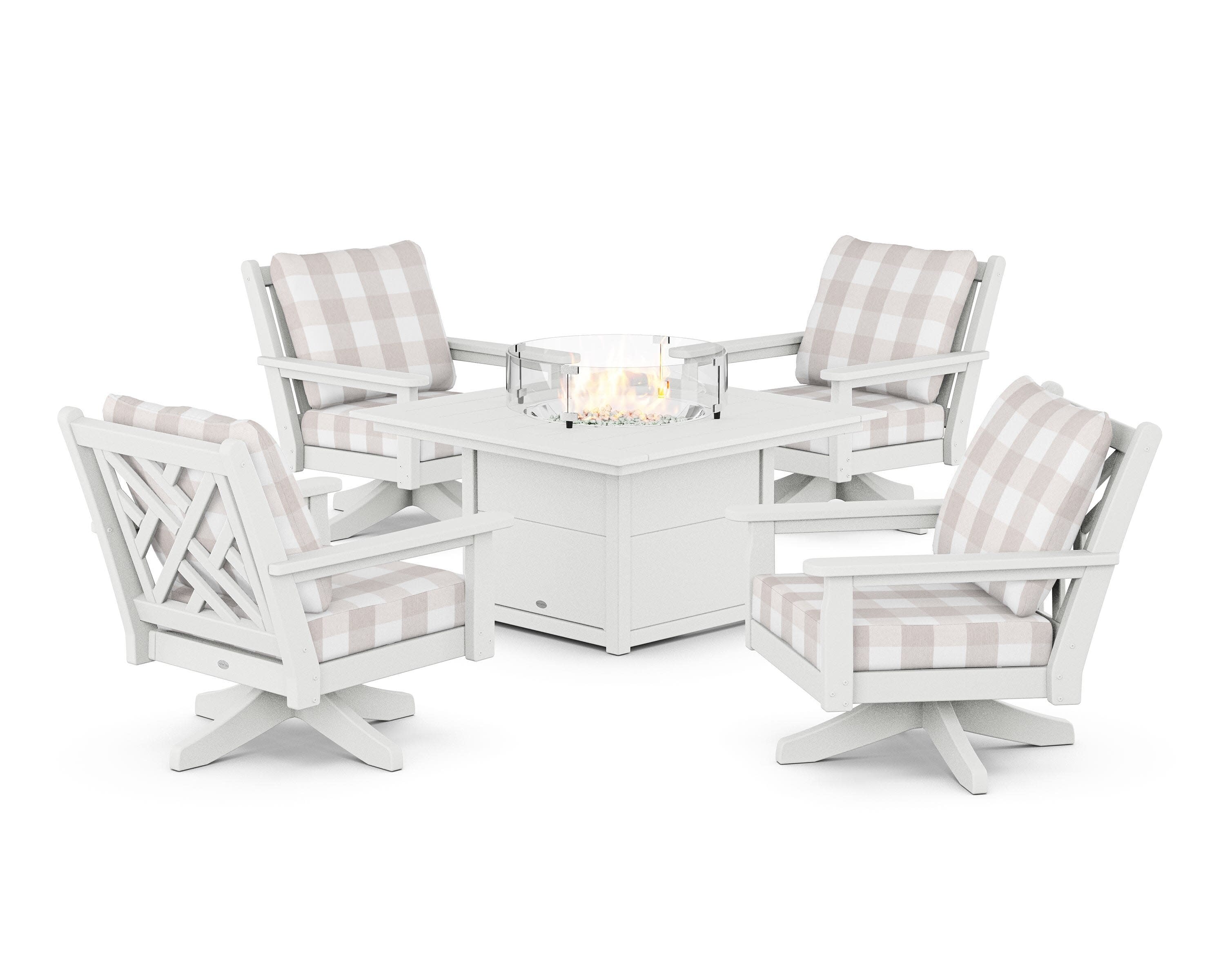 Chippendale 5-Piece Deep Seating Swivel Conversation Set with Fire Pit Table in White / Buffalo Plaid Dune Burlap