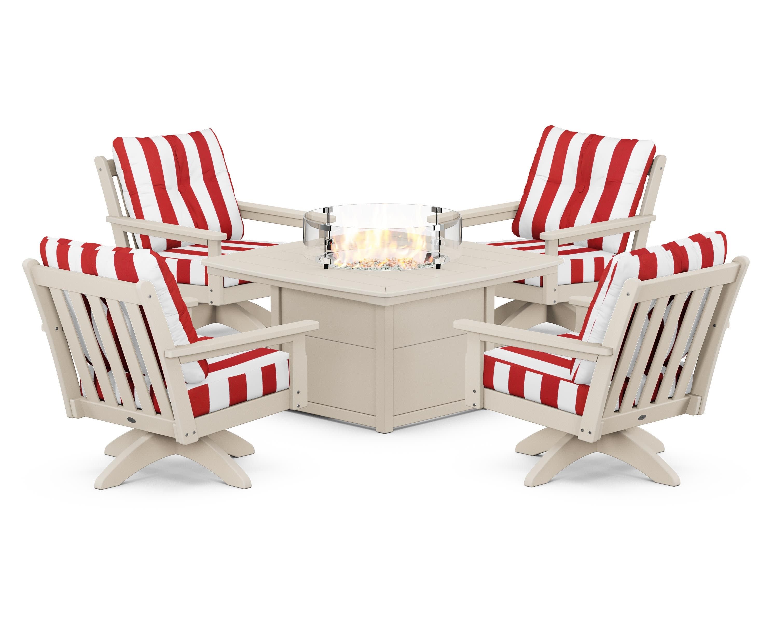 Vineyard 5-Piece Deep Seating Swivel Conversation Set with Fire Pit Table in Sand / Cabana Stripe Crimson