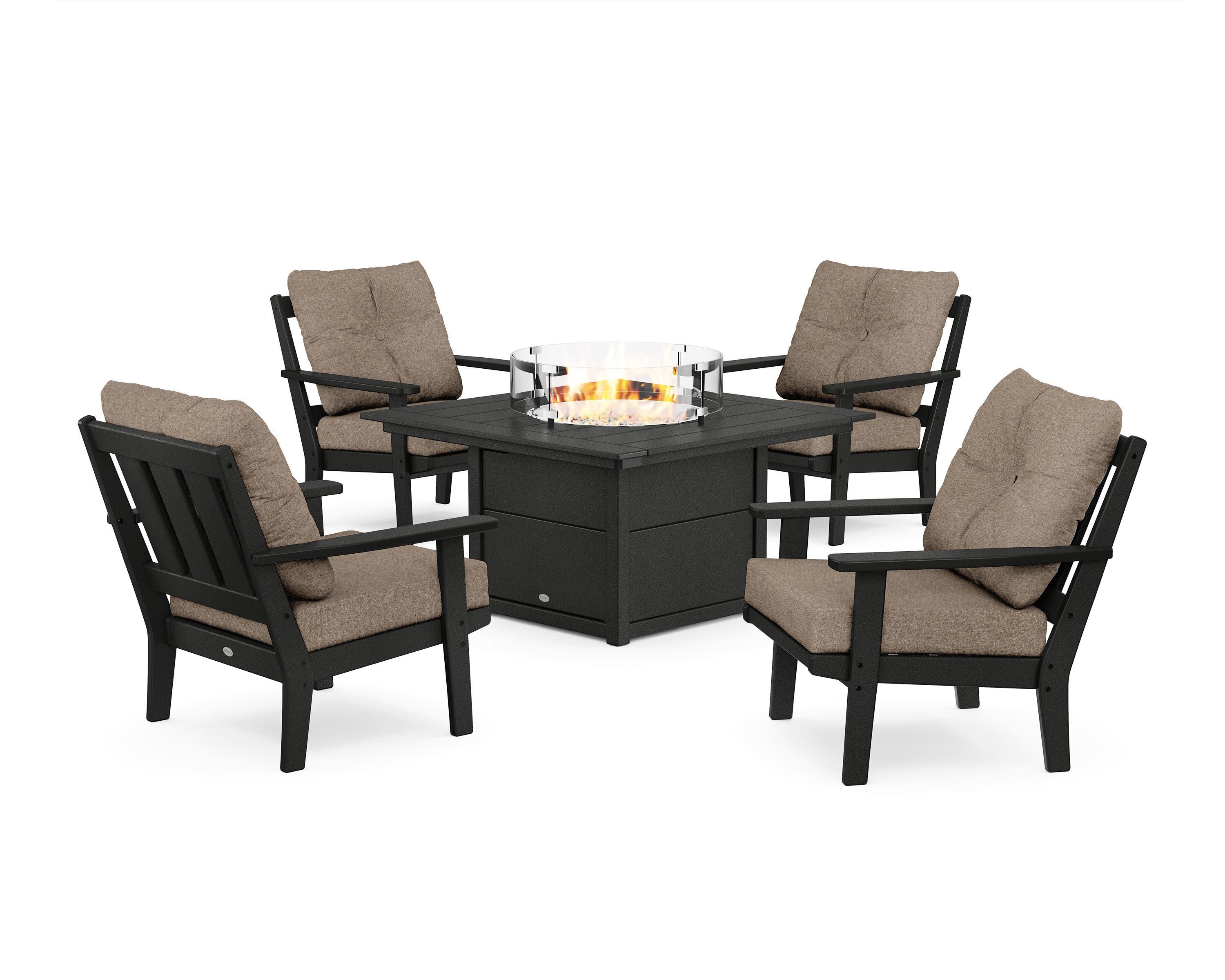 Oxford 5-Piece Deep Seating Set with Fire Pit Table in Black / Spiced Burlap