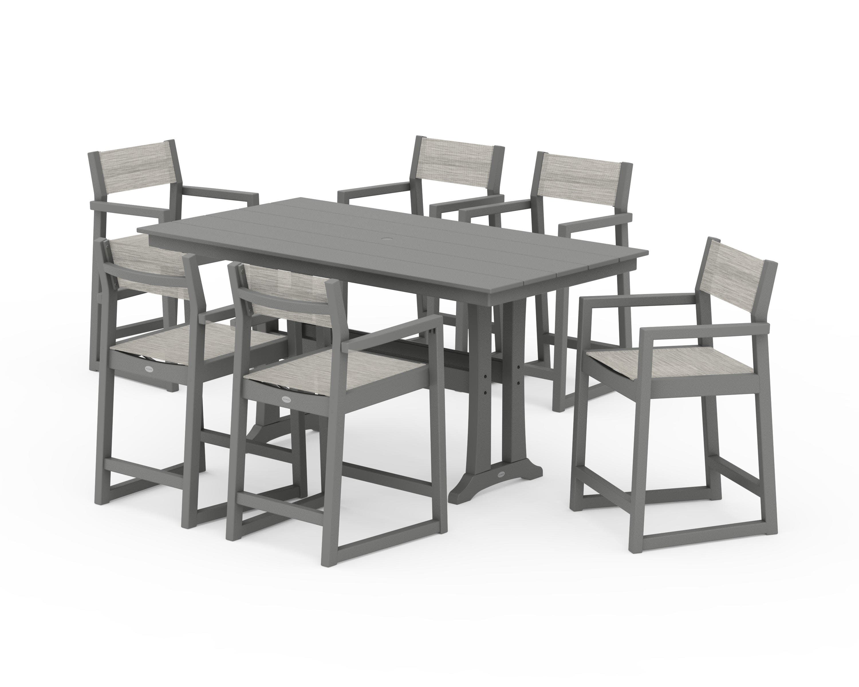 EDGE Sling Arm Chair 7-Piece Farmhouse Counter Set with Trestle Legs in Slate Grey / Birch Sling
