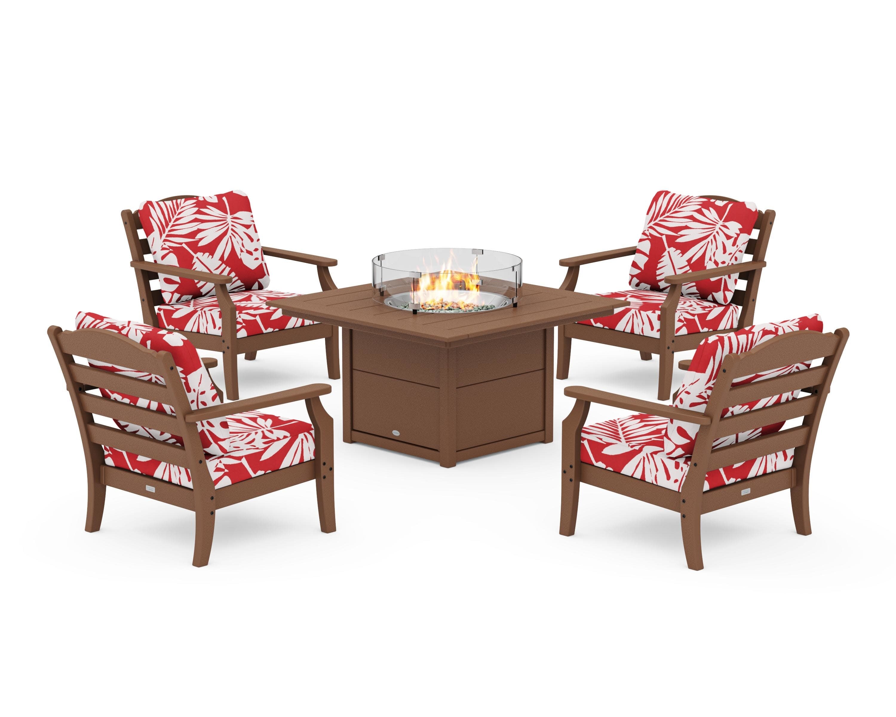 Savannah 5-Piece Deep Seating Set with Fire Pit Table in Teak / Leaf Crimson