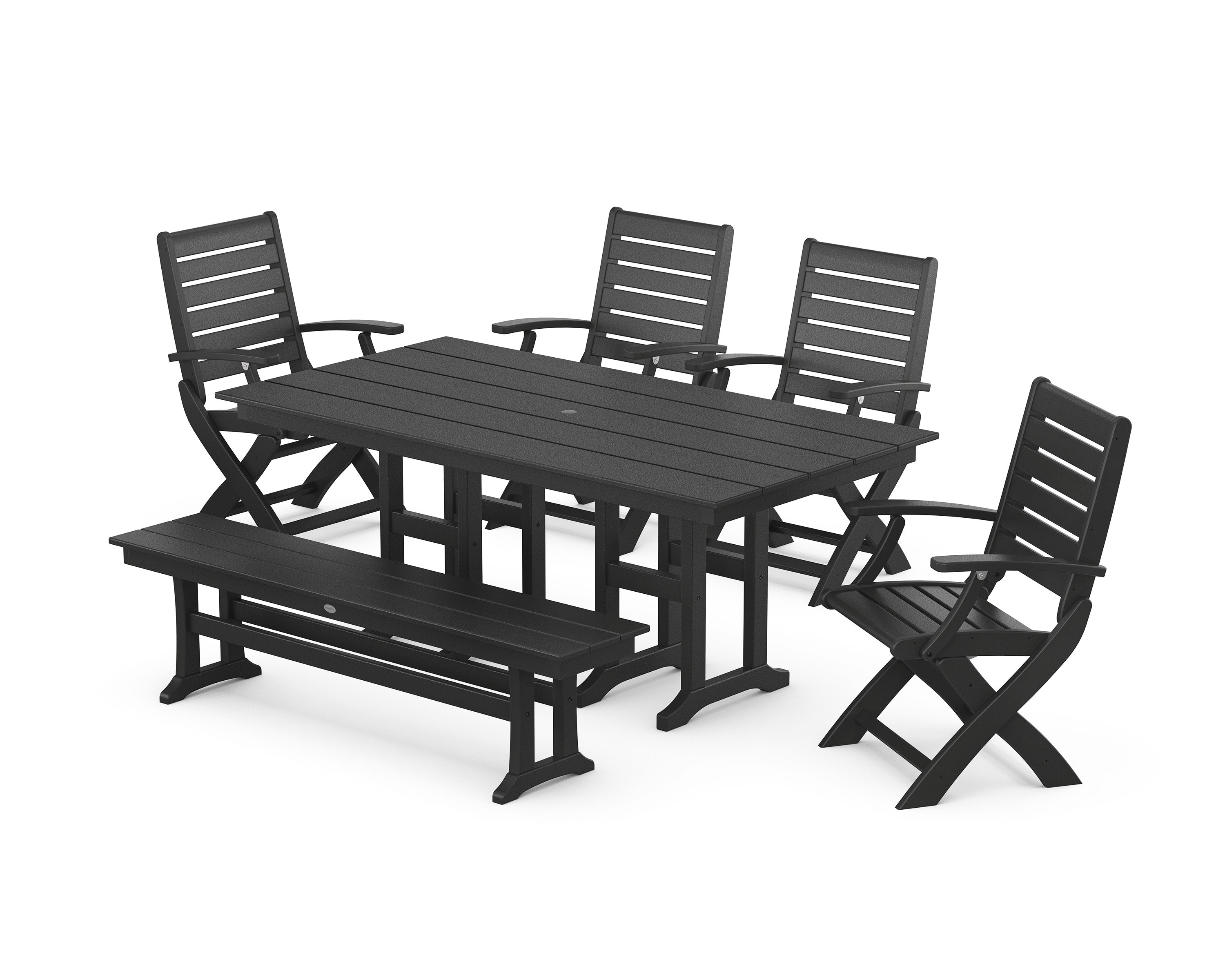 Signature Folding Chair 6-Piece Farmhouse Dining Set with Bench in Black